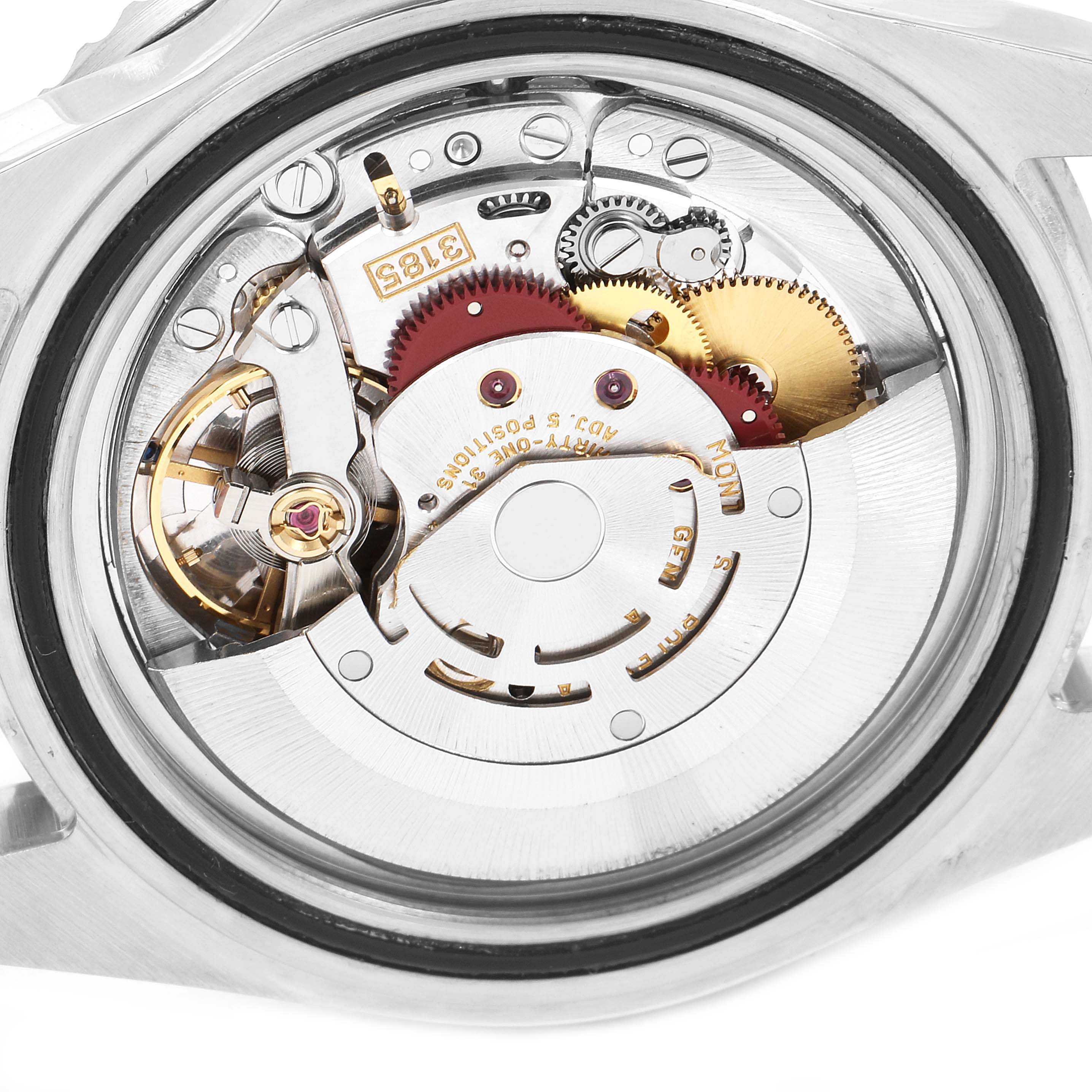 The image shows the internal movement mechanism of a Rolex GMT-Master 16710 Men
s Stainless Steel Black Dial 16710 Men
s Stainless Steel Black Dial watch from the rear angle.