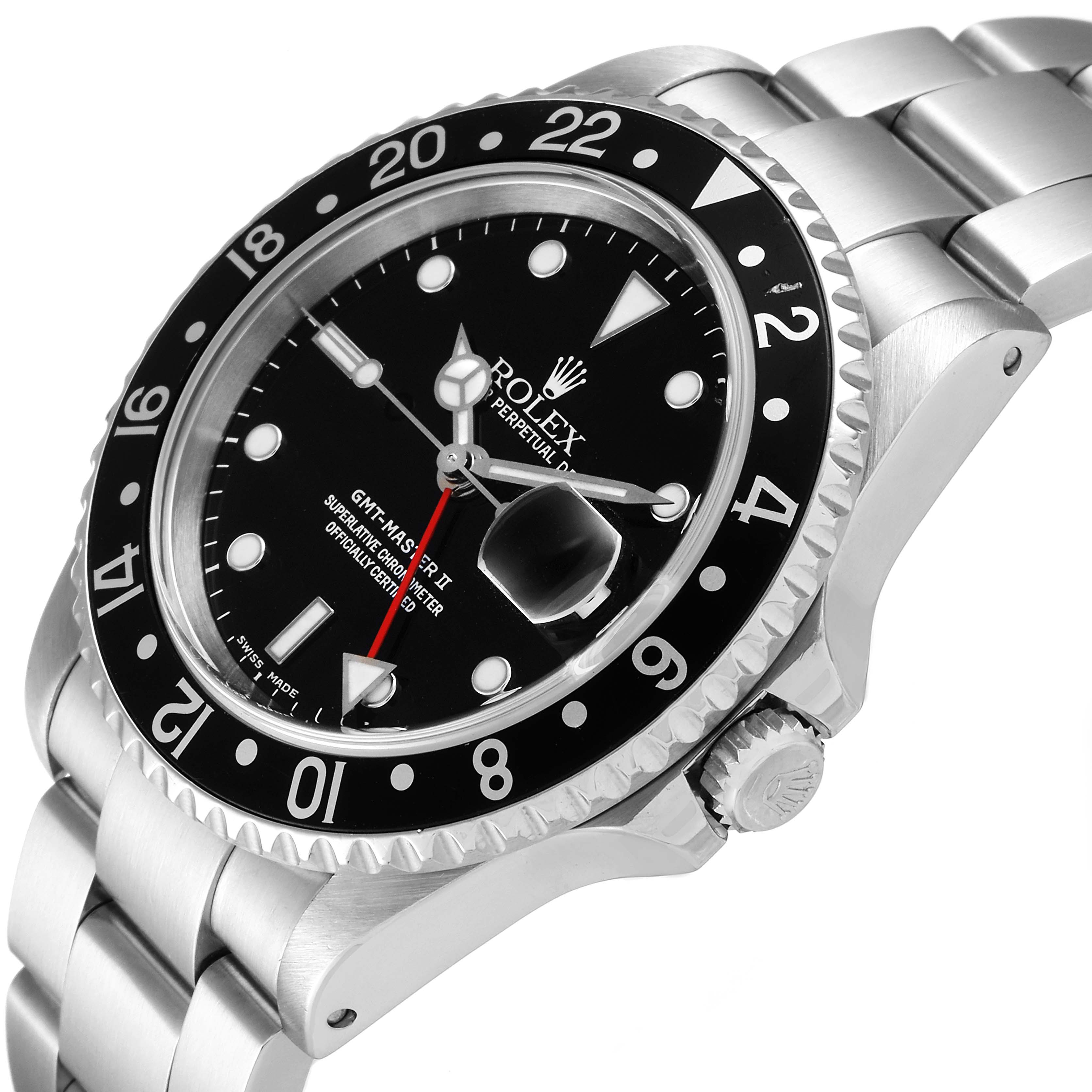 This image shows a close-up angle of the Rolex GMT-Master 16710 Men
s Stainless Steel Black Dial 16710 Men
s Stainless Steel Black Dial watch, including its bezel, dial, bracelet, and crown.