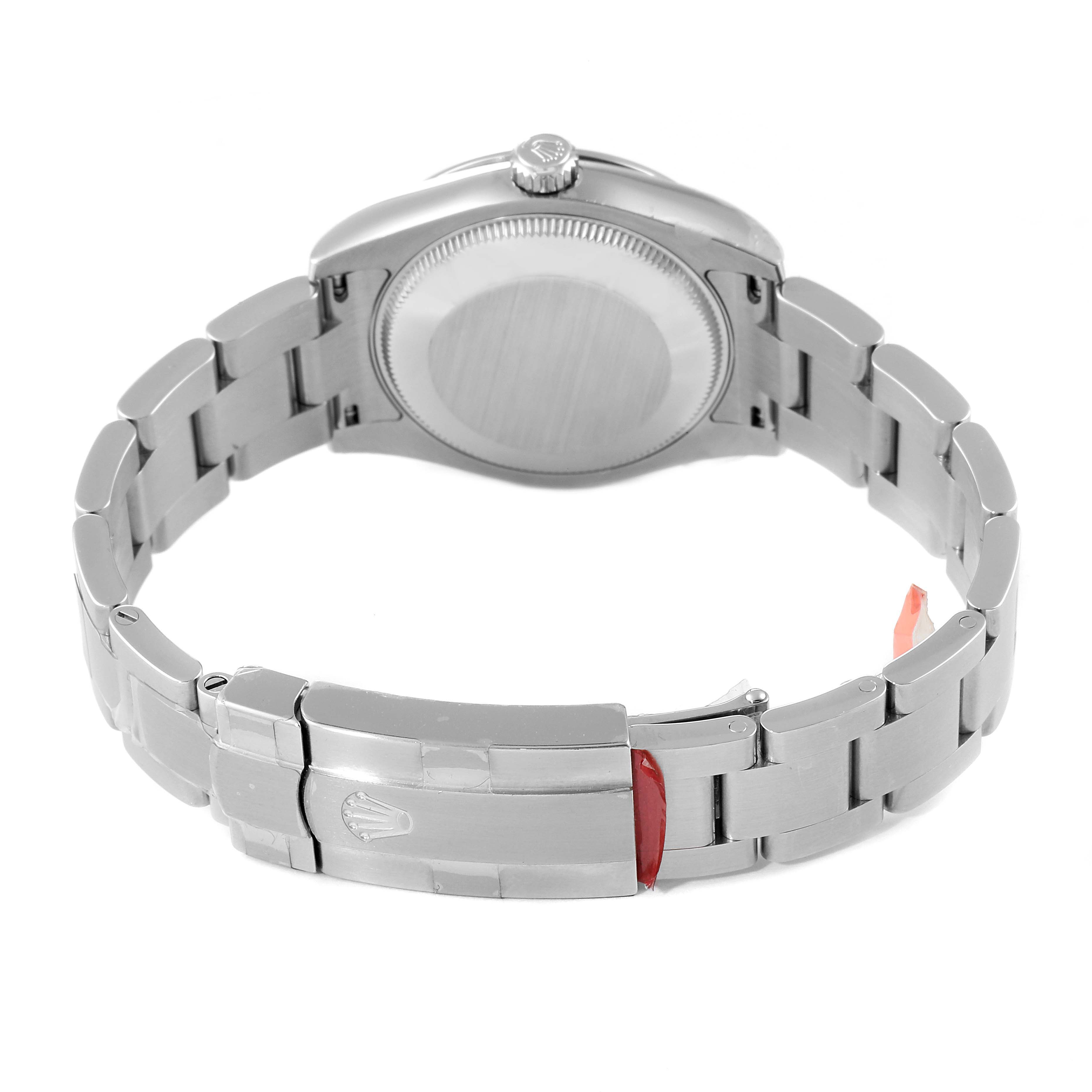 The image shows the back and bracelet clasp of a Rolex Mid-Size 177200 Women's Stainless Steel Black Dial 177200 Women's Stainless Steel Black Dial model, viewed from the back.