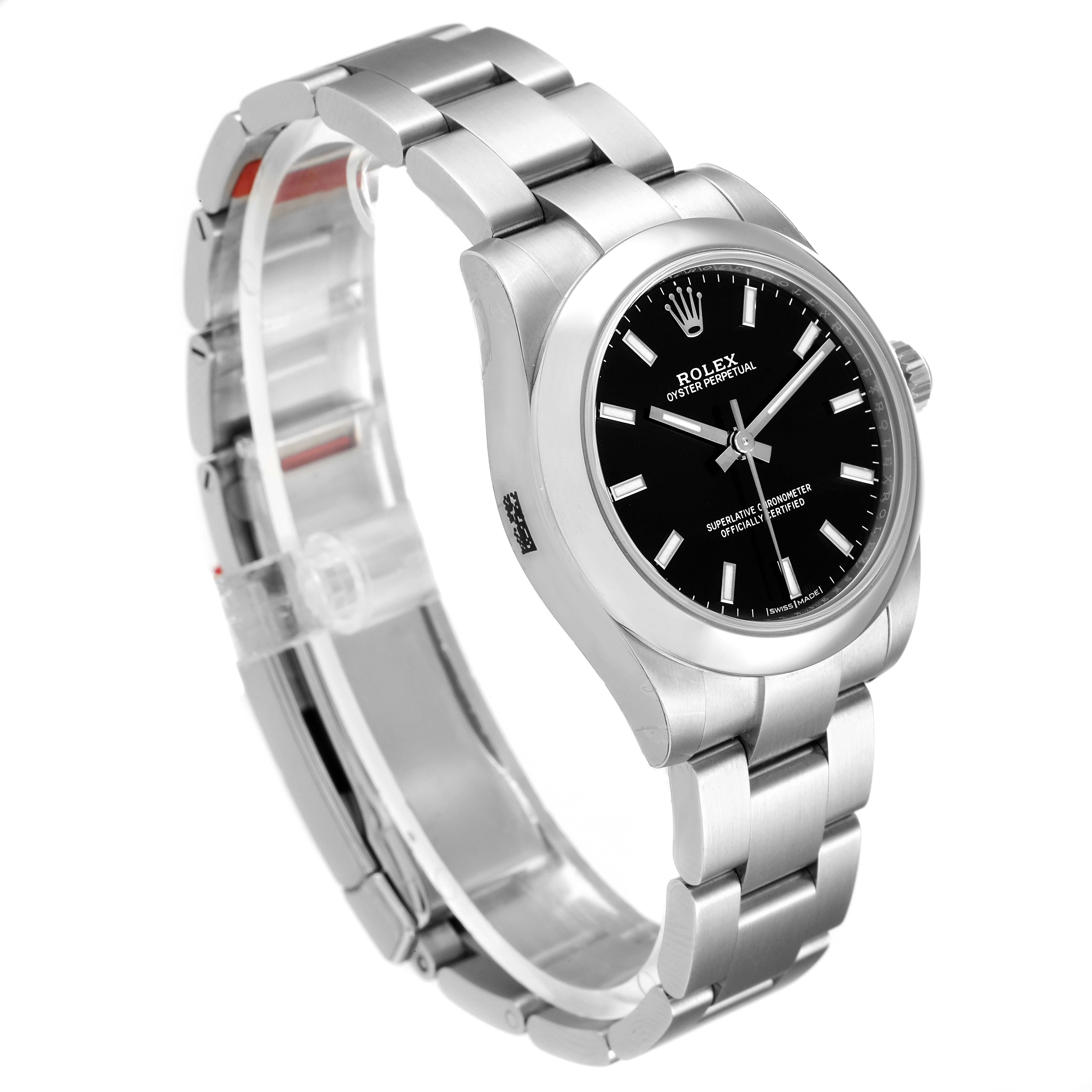 The image shows a Rolex Mid-Size 177200 Women's Stainless Steel Black Dial 177200 Women's Stainless Steel Black Dial Oyster Perpetual watch at an angled side view, highlighting its bracelet, dial, and case.