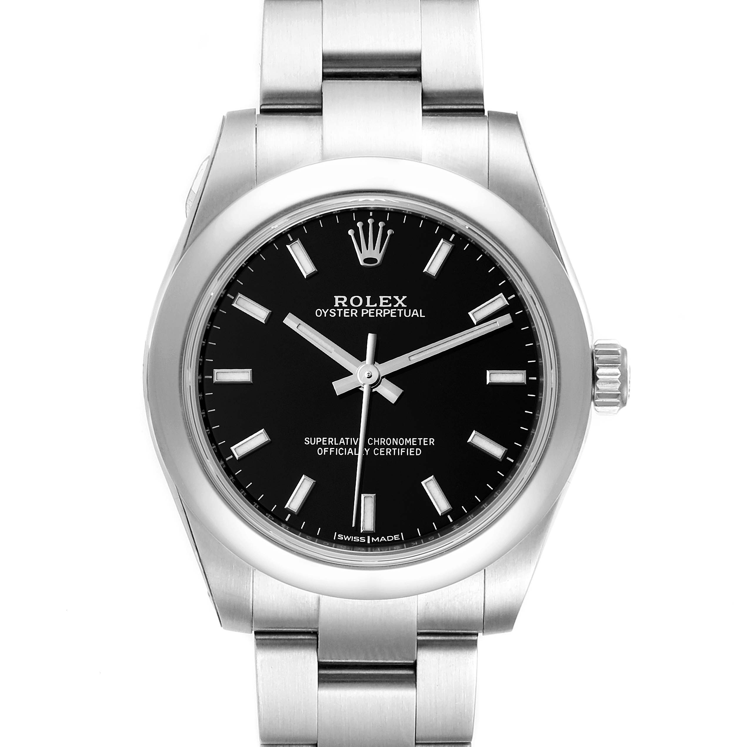 The image shows a front view of the Rolex Oyster Perpetual Mid-Size model, highlighting its black dial, silver markers, and metal bracelet.