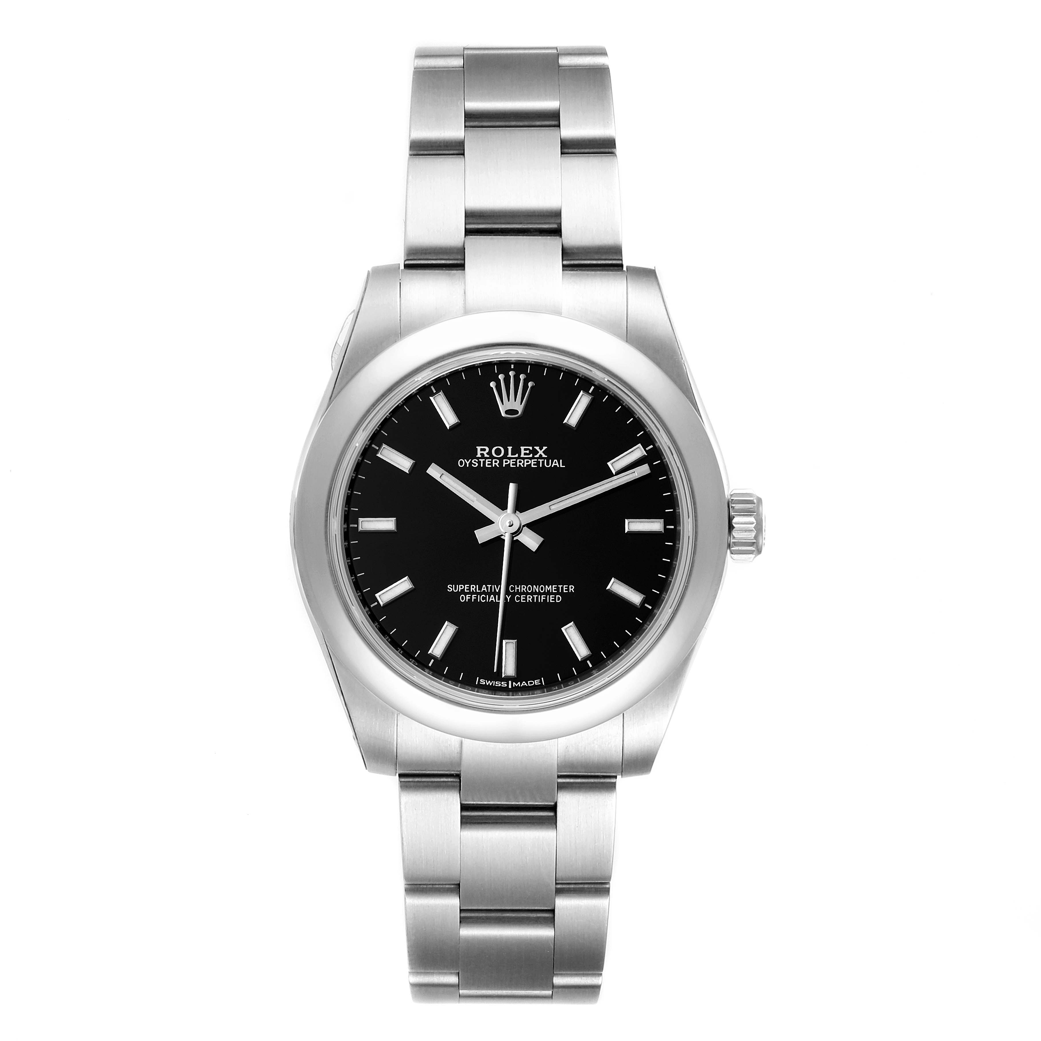 This image shows a front view of a Rolex Oyster Perpetual Mid-Size watch, displaying its face, bezel, and bracelet.