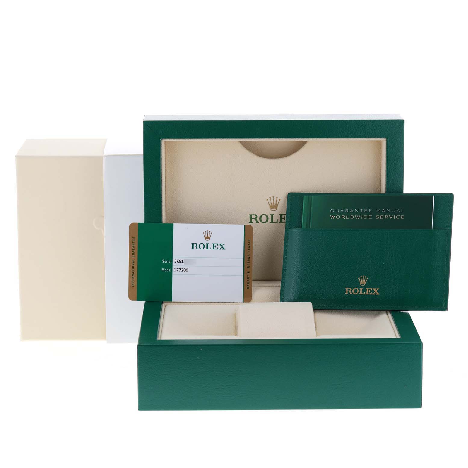 The image shows the box, guarantee manual, and card with serial and model number for a Rolex Mid-Size 177200 Women's Stainless Steel Black Dial 177200 Women's Stainless Steel Black Dial watch.