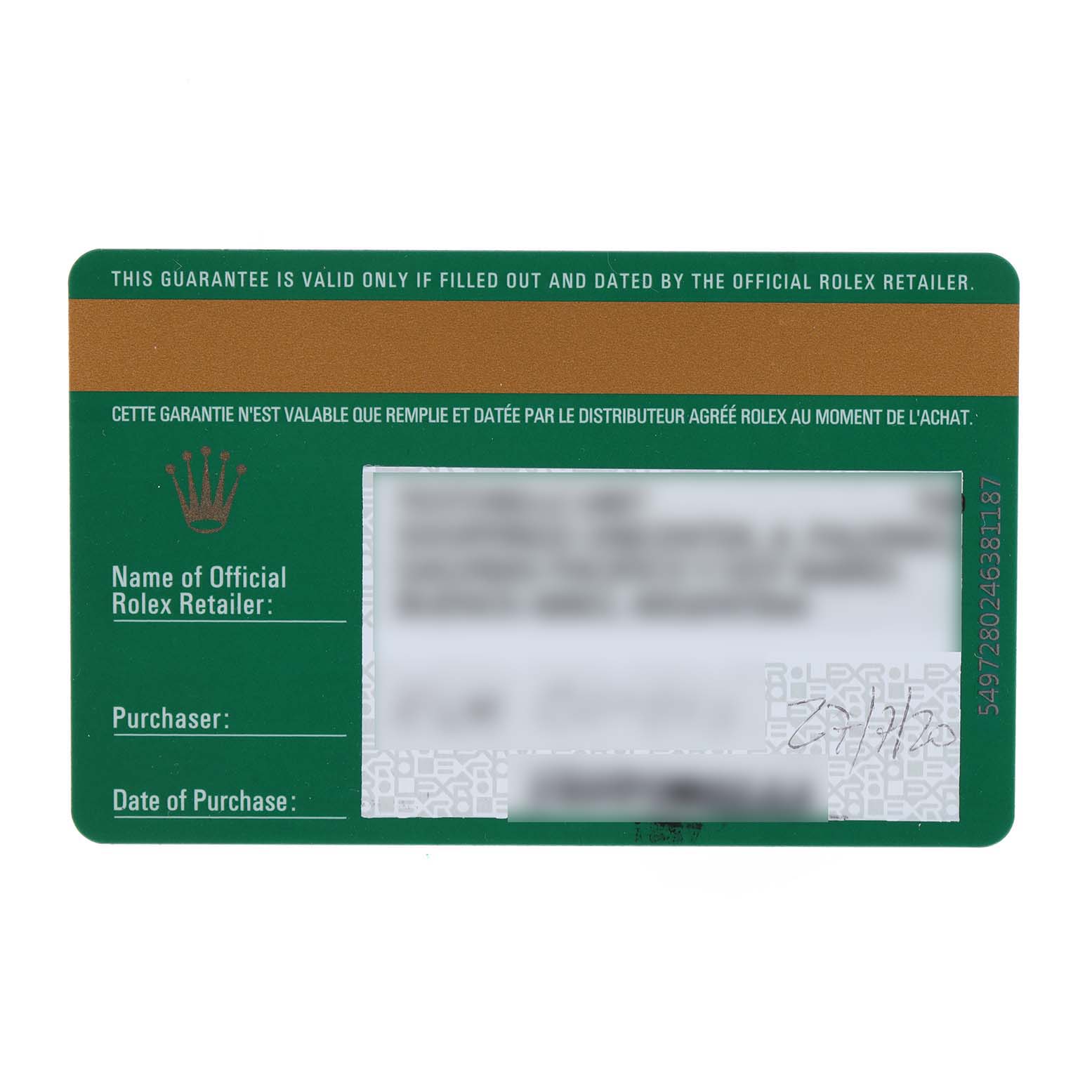 The image shows the official warranty card for a Mid-Size Rolex watch, viewed from the front.