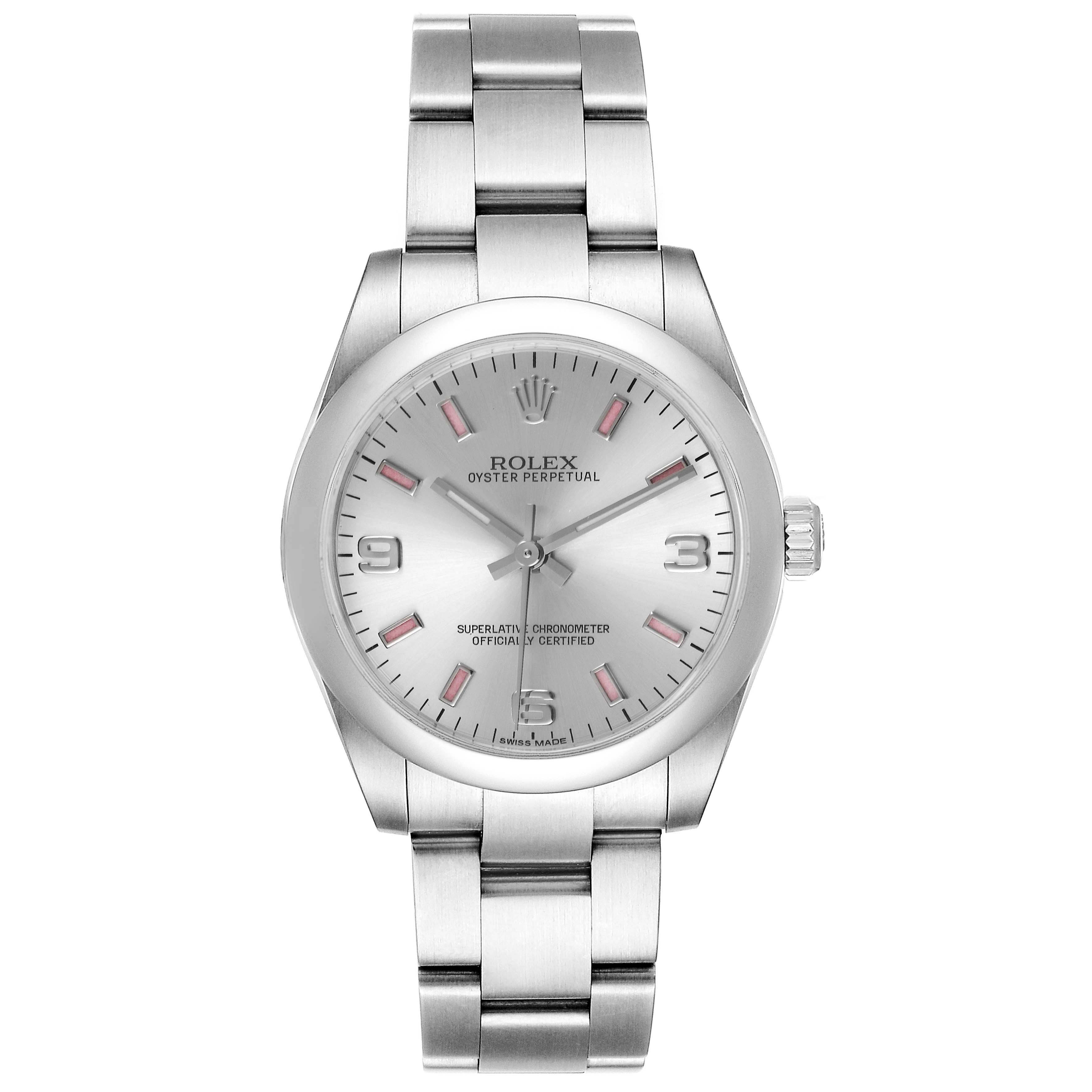 The image shows a front view of the Rolex Oyster Perpetual Mid-Size watch displaying its dial, case, bezel, and bracelet.