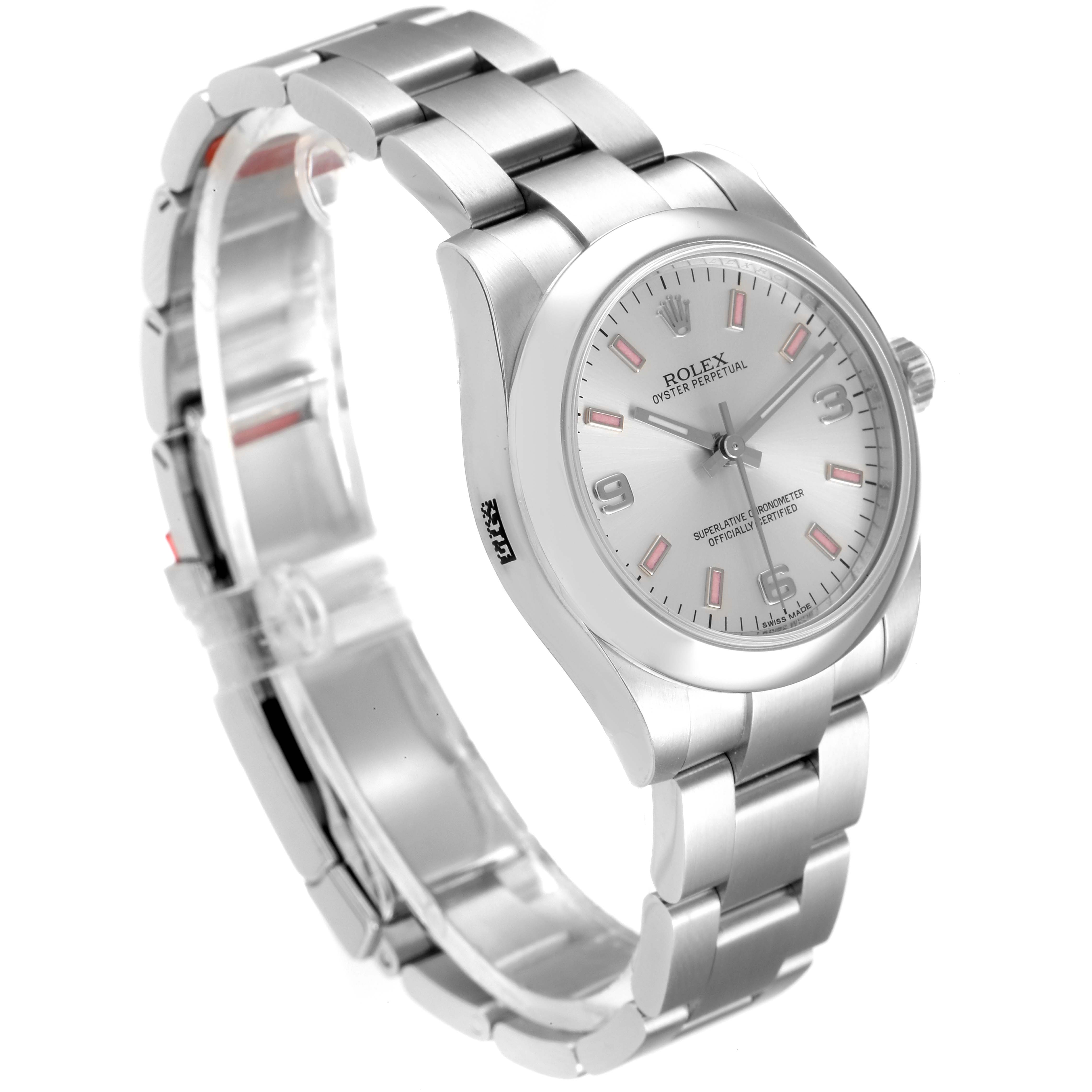 The image shows a Rolex Mid-Size 177200 Women
s Stainless Steel Silver Dial 177200 Women
s Stainless Steel Silver Dial Oyster Perpetual watch angled to display the face and bracelet.