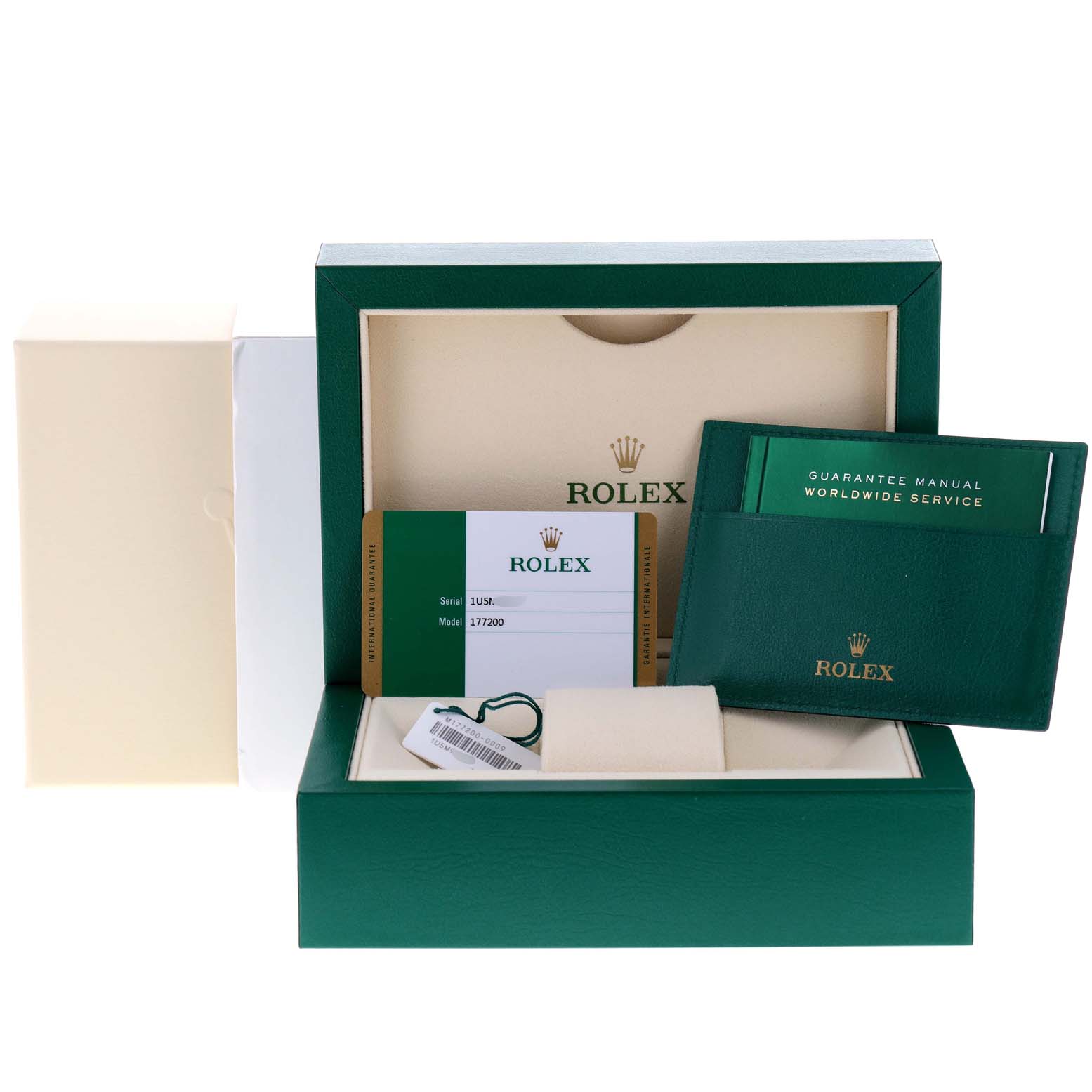 The image shows a Rolex Mid-Size 177200 Women
s Stainless Steel Silver Dial 177200 Women
s Stainless Steel Silver Dial model watch with its green box, warranty card, tag, and manual at a front angle.