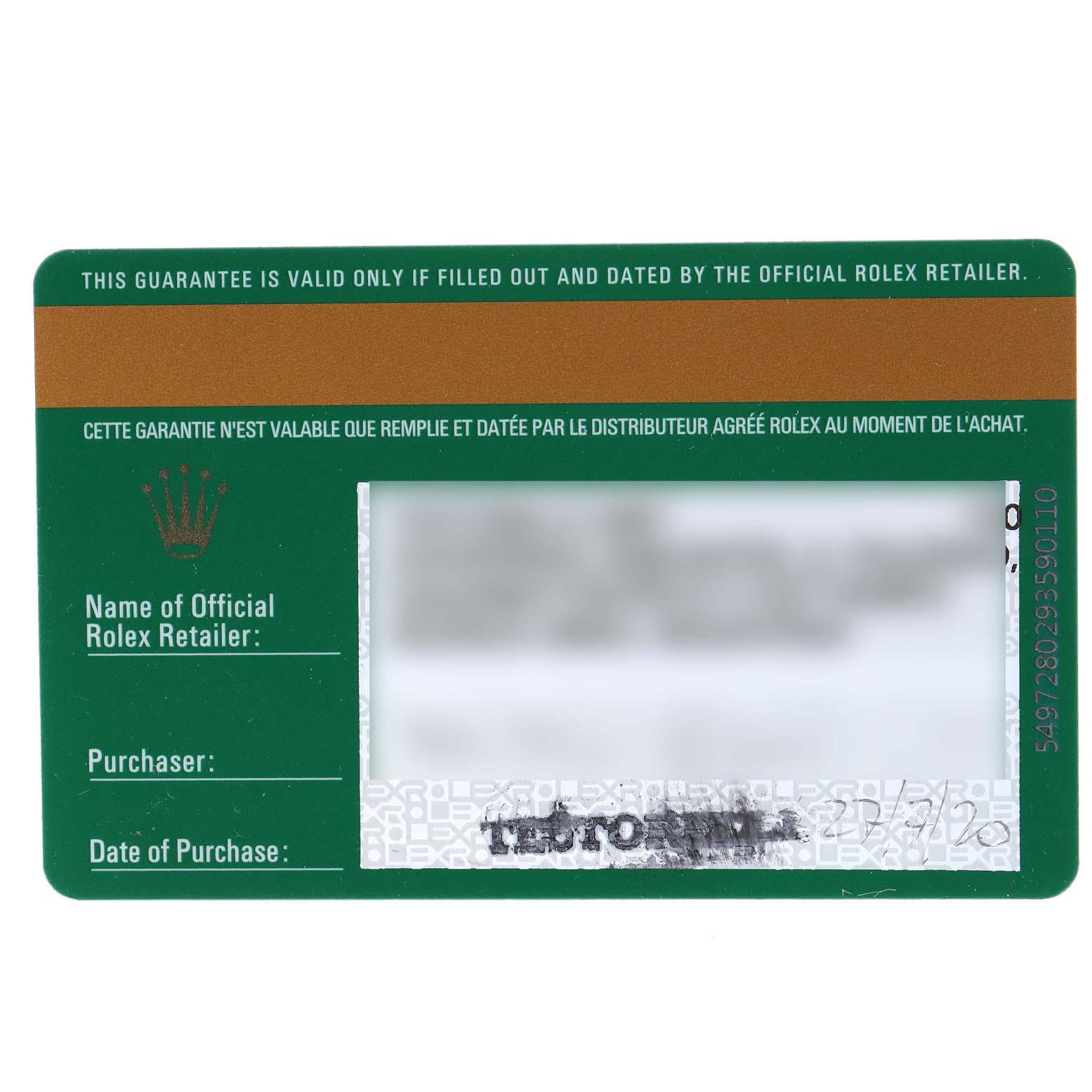 This image shows the warranty card for a Mid-Size Rolex watch.