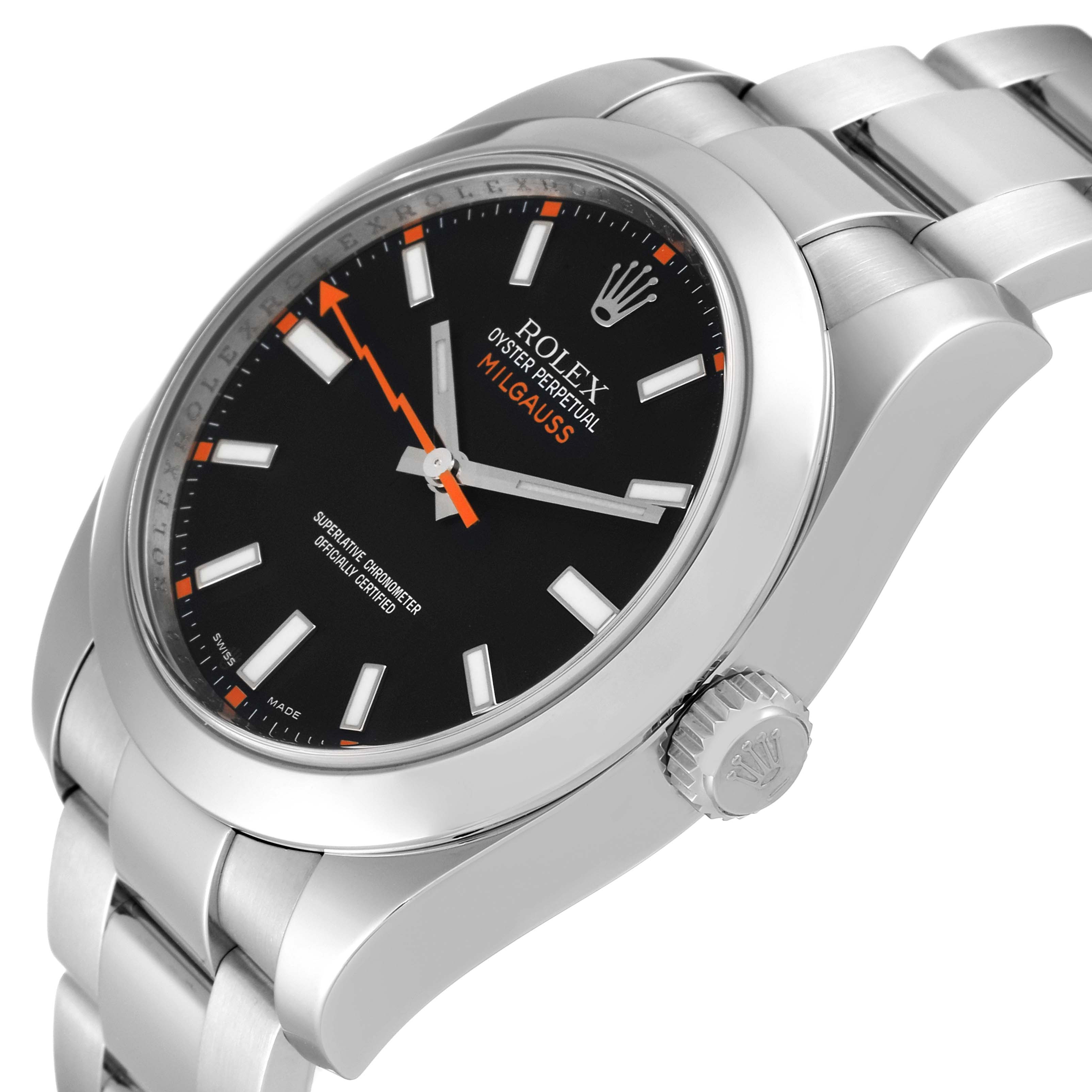 This image shows a close-up side angle of a Rolex Milgauss 116400 Men's Stainless Steel Black Dial 116400 Men's Stainless Steel Black Dial watch, highlighting the dial, bezel, crown, and part of the bracelet.