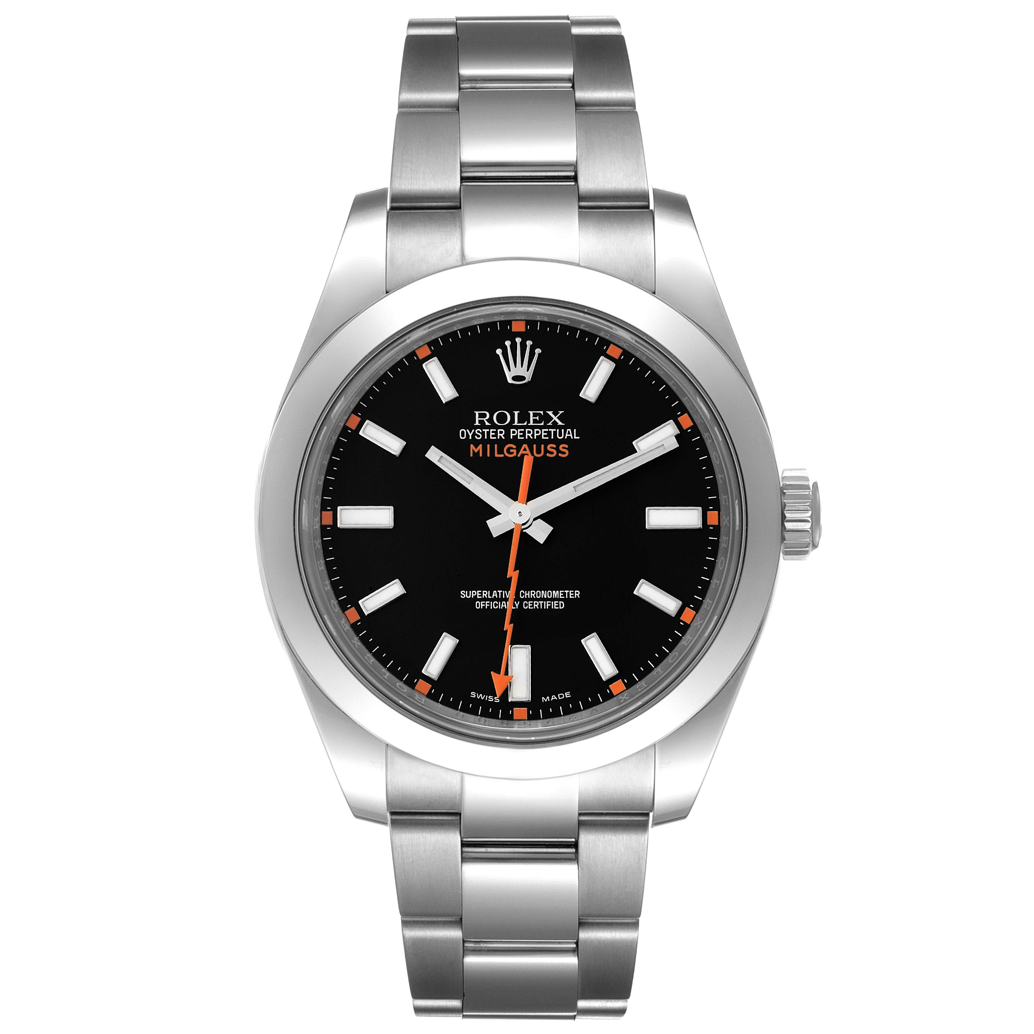 The Rolex Milgauss 116400 Men's Stainless Steel Black Dial 116400 Men's Stainless Steel Black Dial watch is shown from the front, displaying its black dial, hands, markers, and stainless steel bracelet.