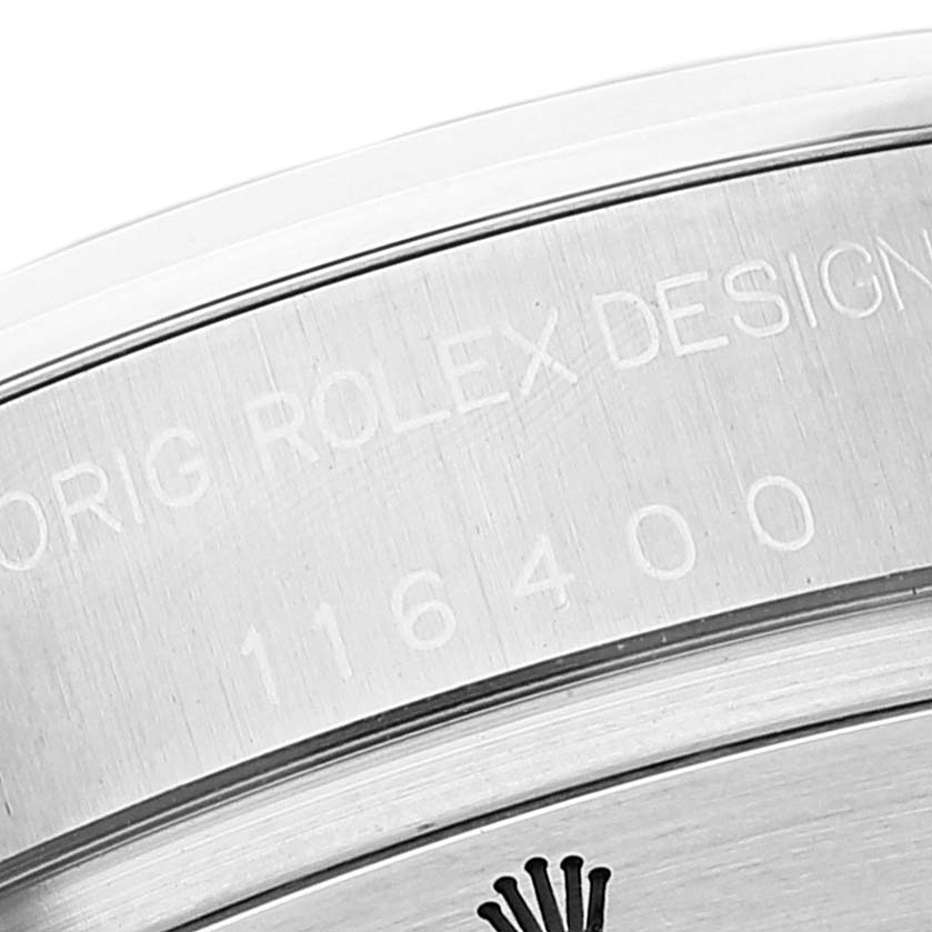 The image shows a close-up of the side and back case of the Rolex Milgauss 116400 Men's Stainless Steel Black Dial 116400 Men's Stainless Steel Black Dial watch with the model number 116400 engraved.