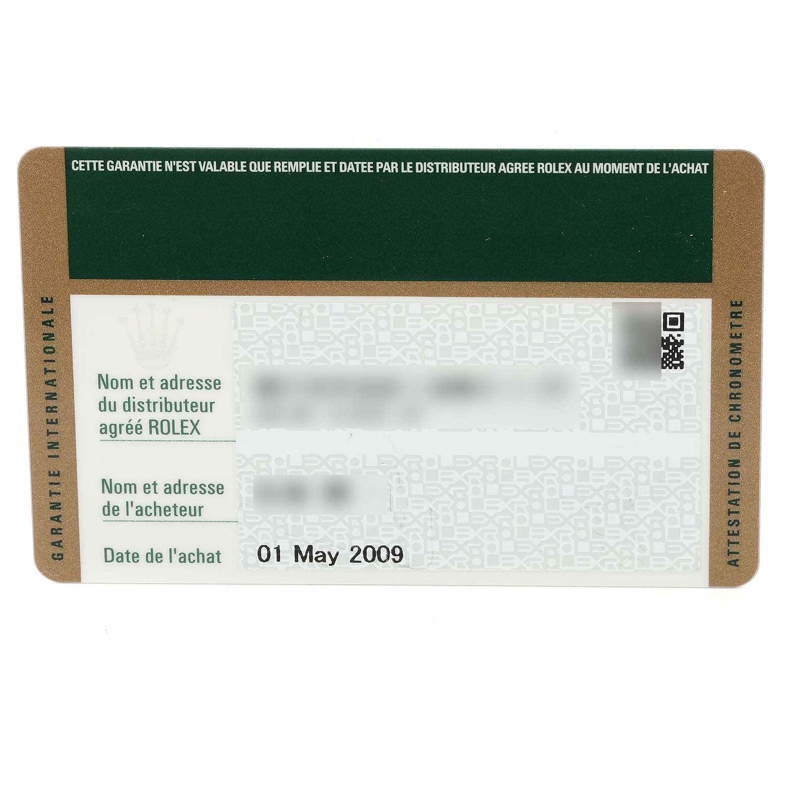 The image shows the warranty card for the Rolex Milgauss 116400 Men's Stainless Steel Black Dial 116400 Men's Stainless Steel Black Dial watch, displaying details and a purchase date.