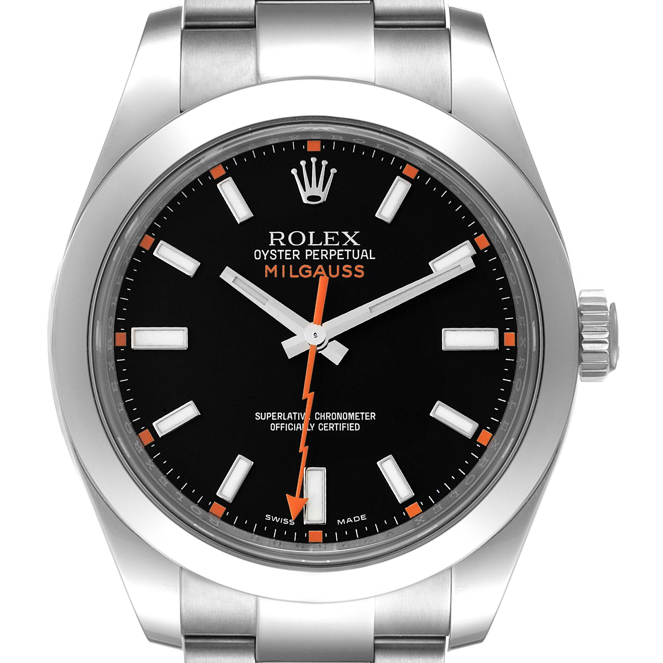 This image shows a front view of a Rolex Milgauss 116400 Men's Stainless Steel Black Dial 116400 Men's Stainless Steel Black Dial watch, displaying its face, hands, and crown.