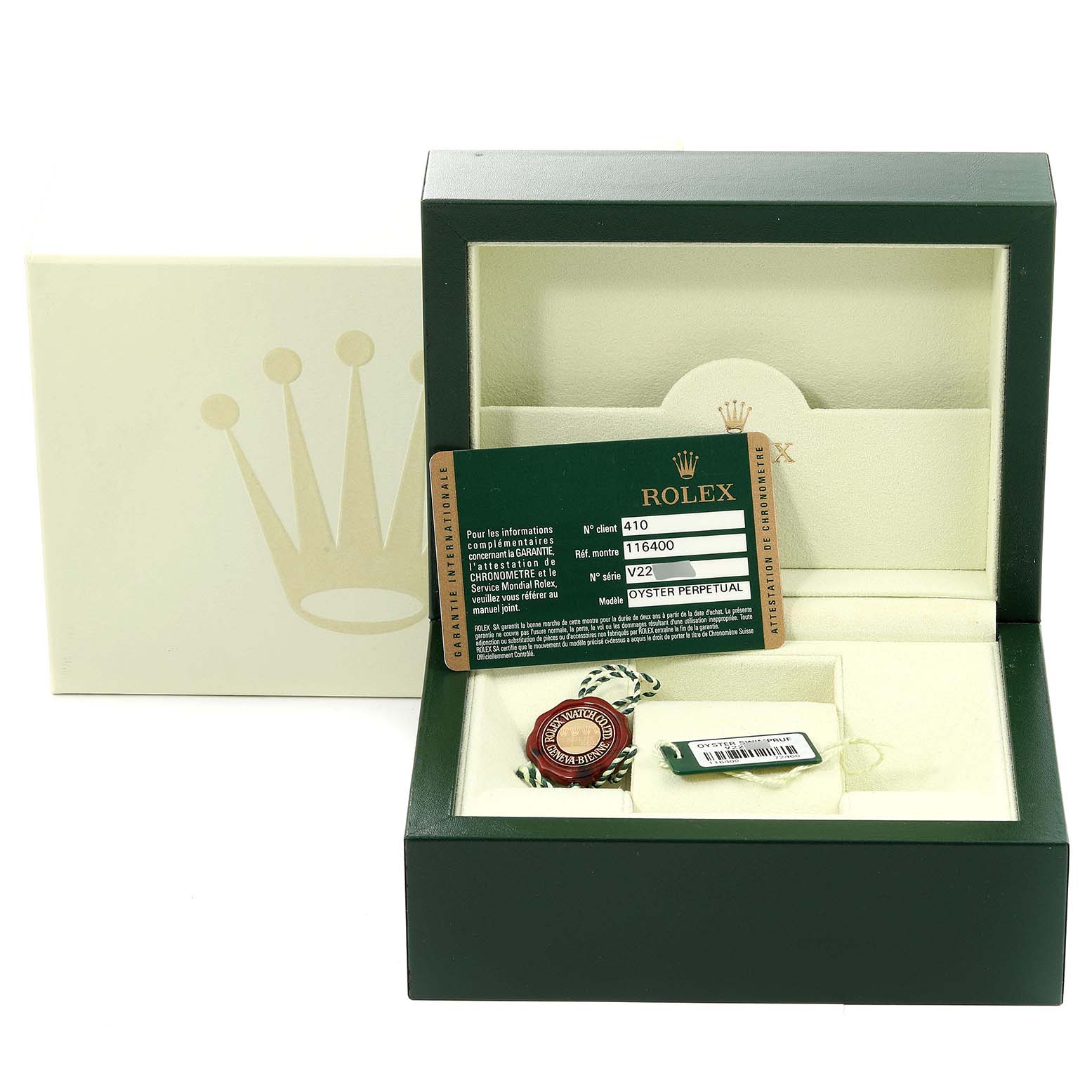 The image shows a Rolex Milgauss 116400 Men's Stainless Steel Black Dial 116400 Men's Stainless Steel Black Dial watch box with certification card and accessories, viewed from a frontal angle.