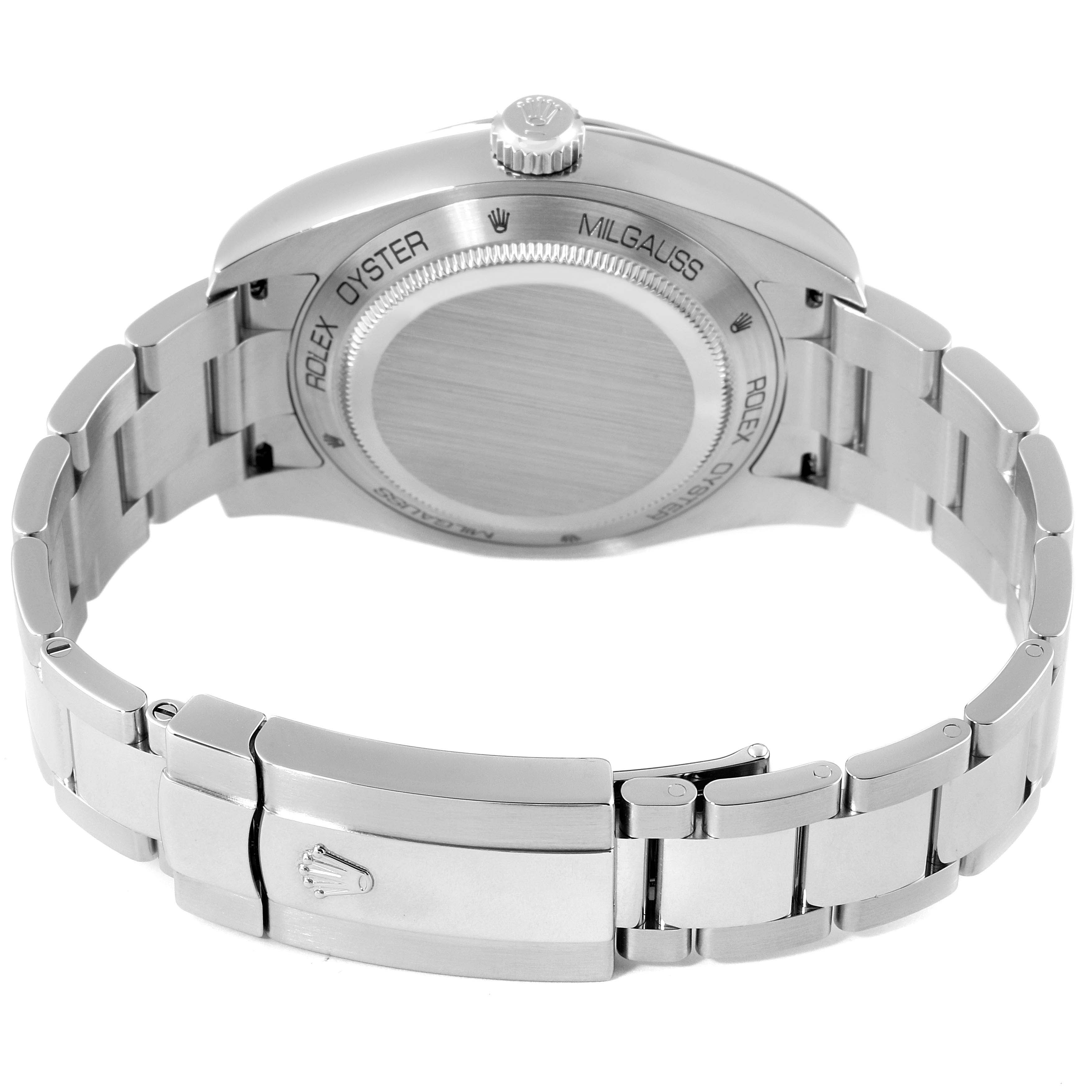 The image shows the back view and clasp of a Rolex Milgauss 116400 Men's Stainless Steel Black Dial 116400 Men's Stainless Steel Black Dial watch.