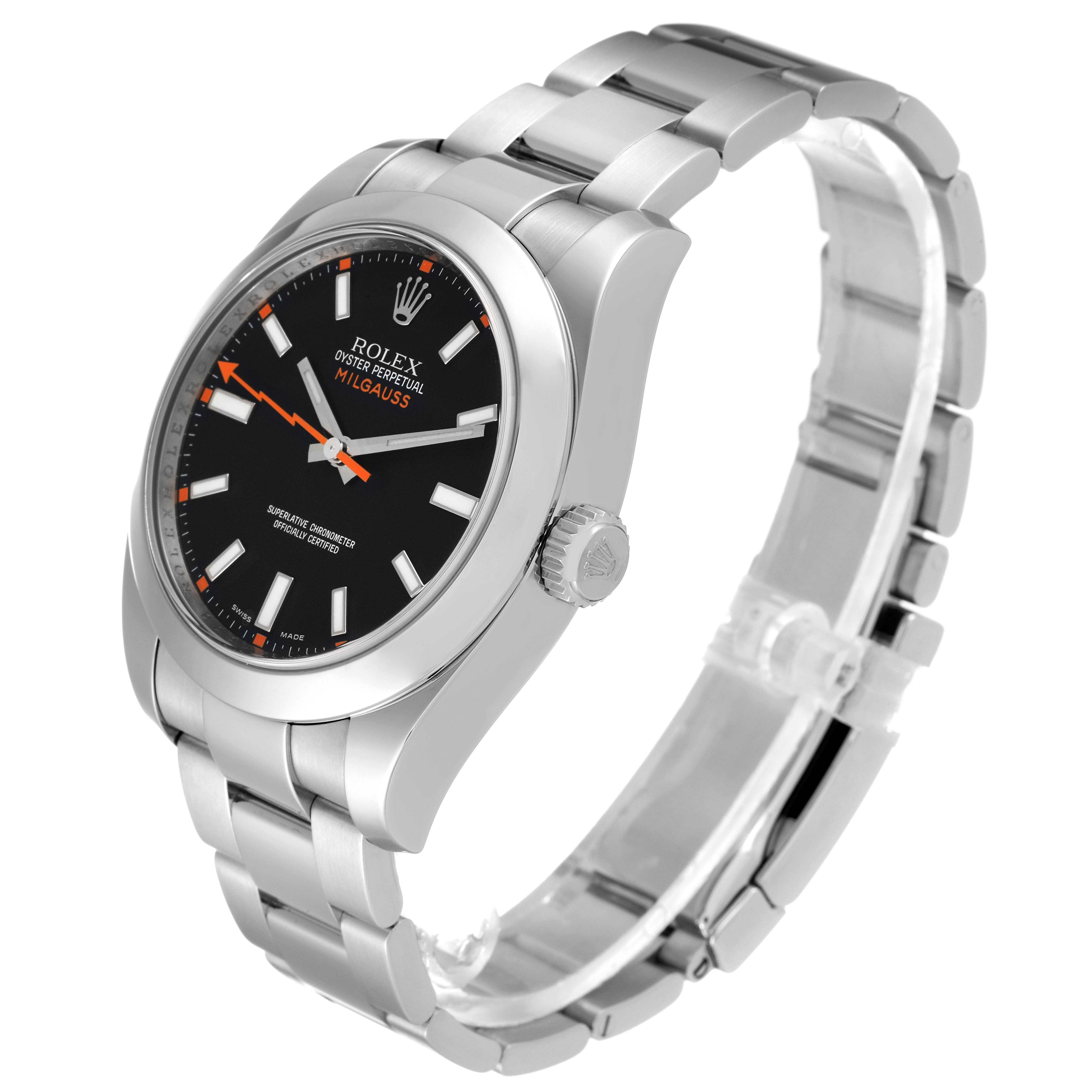 The image shows a Rolex Milgauss 116400 Men's Stainless Steel Black Dial 116400 Men's Stainless Steel Black Dial watch viewed at a slight angle, highlighting its black dial, steel case, and bracelet.
