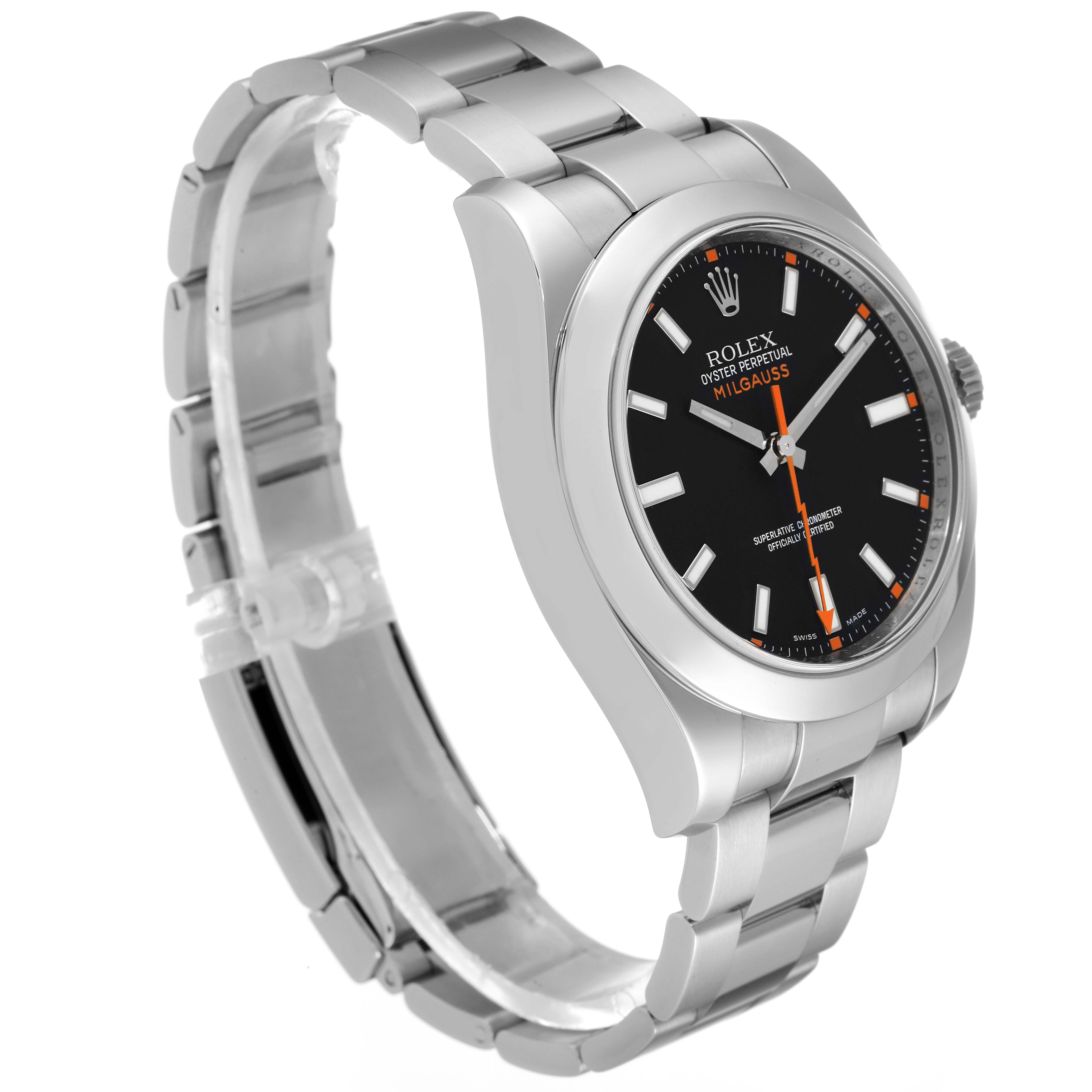 This image shows a Rolex Milgauss 116400 Men's Stainless Steel Black Dial 116400 Men's Stainless Steel Black Dial watch angled to display the bracelet, case, and dial.