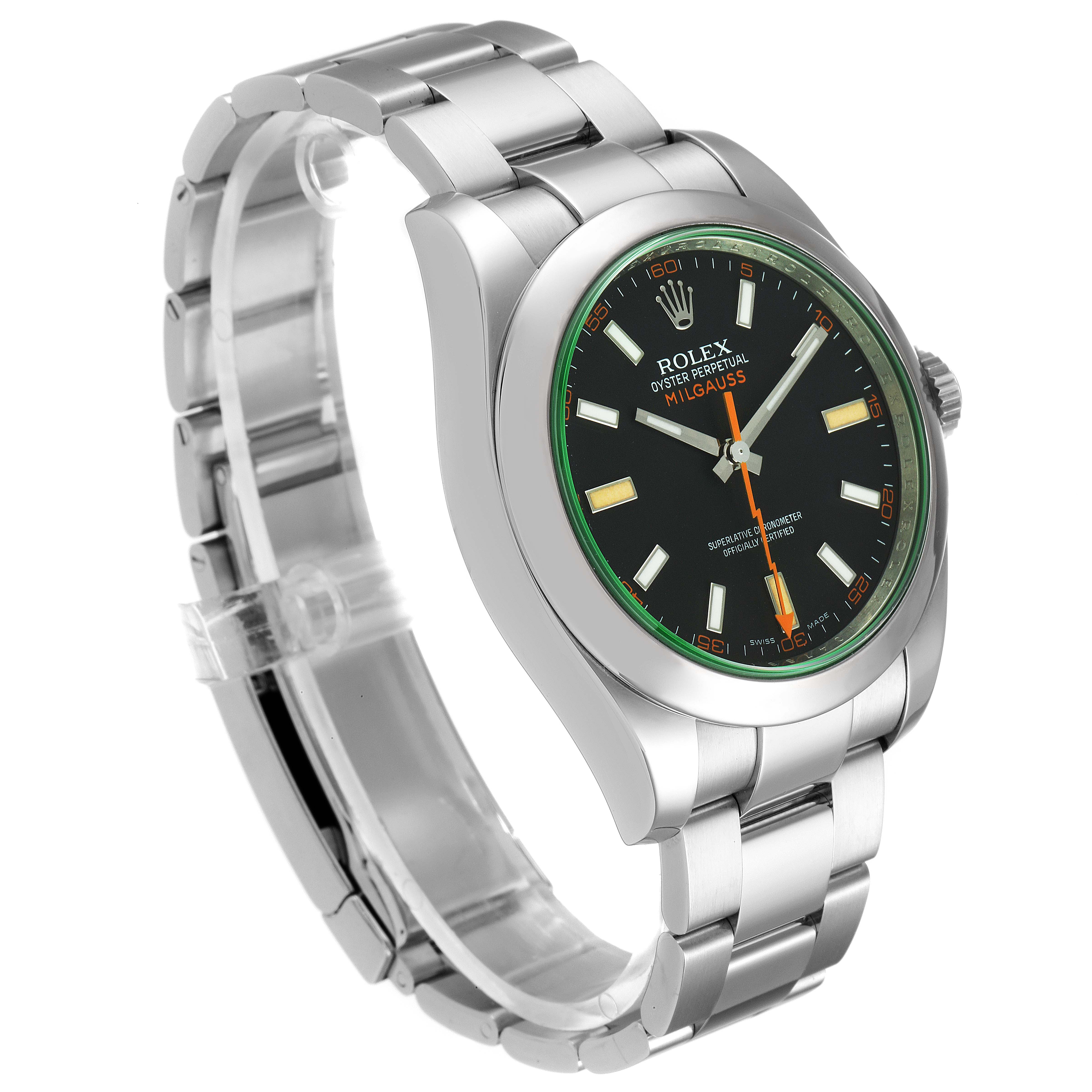 This image shows a Rolex Milgauss 116400GV Men
s Stainless Steel Black Dial 116400GV Men
s Stainless Steel Black Dial watch at an angle, displaying the face, bezel, crown, and partial bracelet.