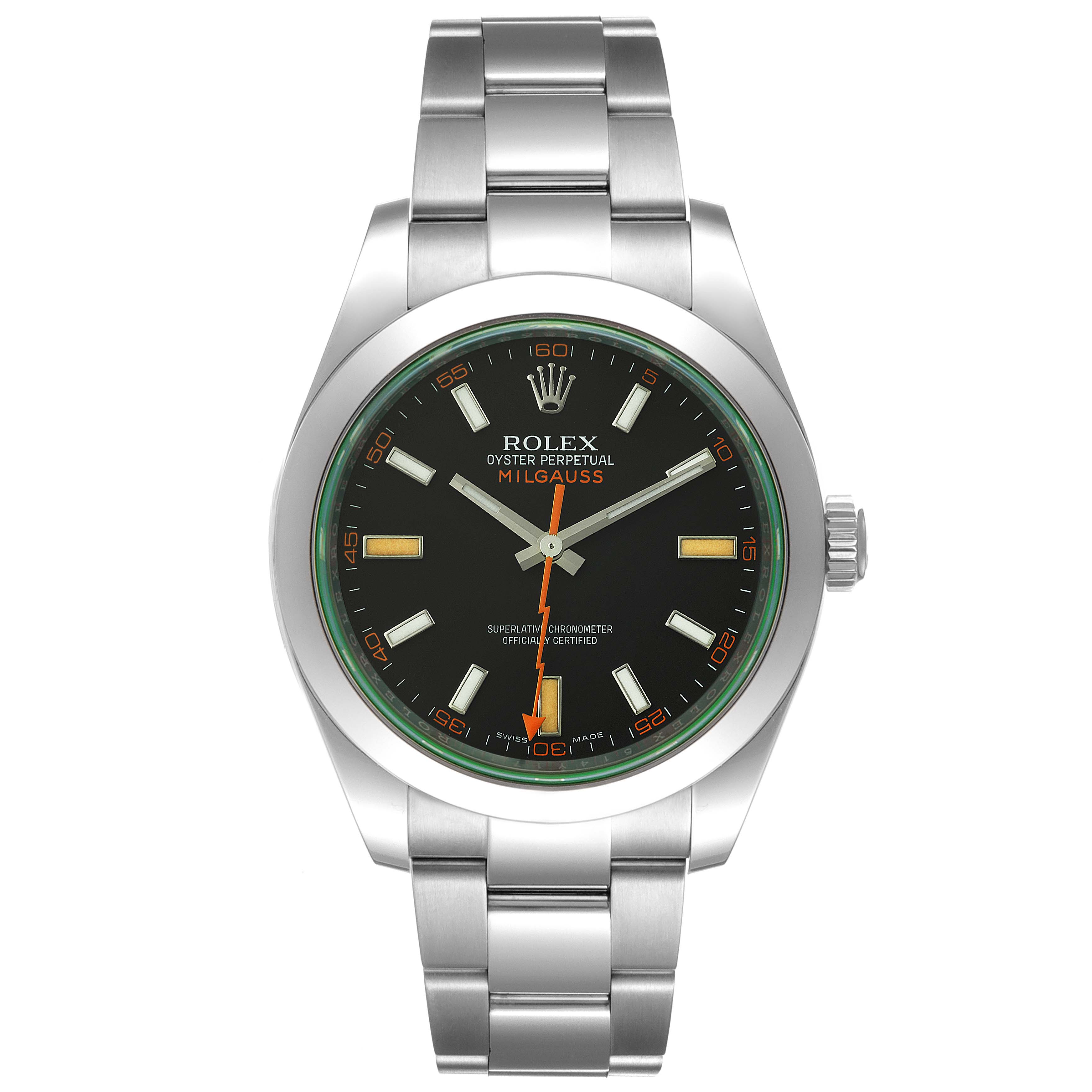 The image shows a front view of the Rolex Milgauss 116400GV Men
s Stainless Steel Black Dial 116400GV Men
s Stainless Steel Black Dial watch, highlighting its face, dial, hands, bezel, and bracelet.