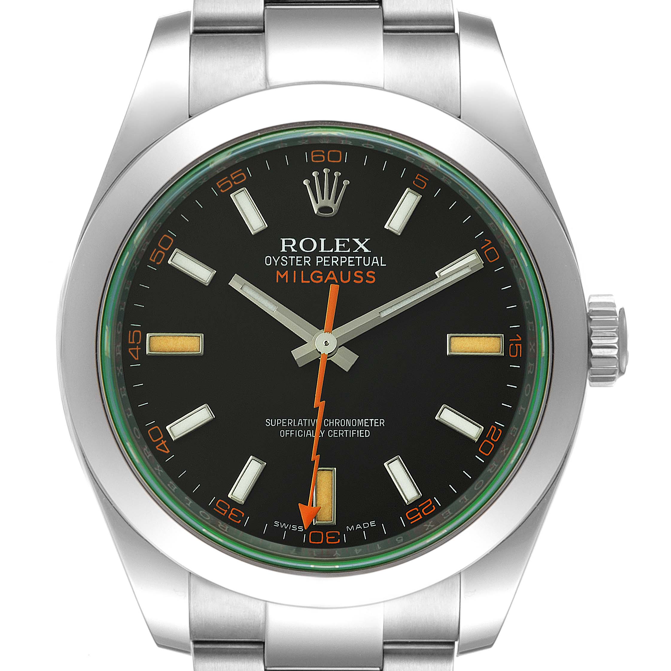 This image shows the Rolex Milgauss 116400GV Men
s Stainless Steel Black Dial 116400GV Men
s Stainless Steel Black Dial watch head-on, highlighting the dial, hands, markers, and crown.