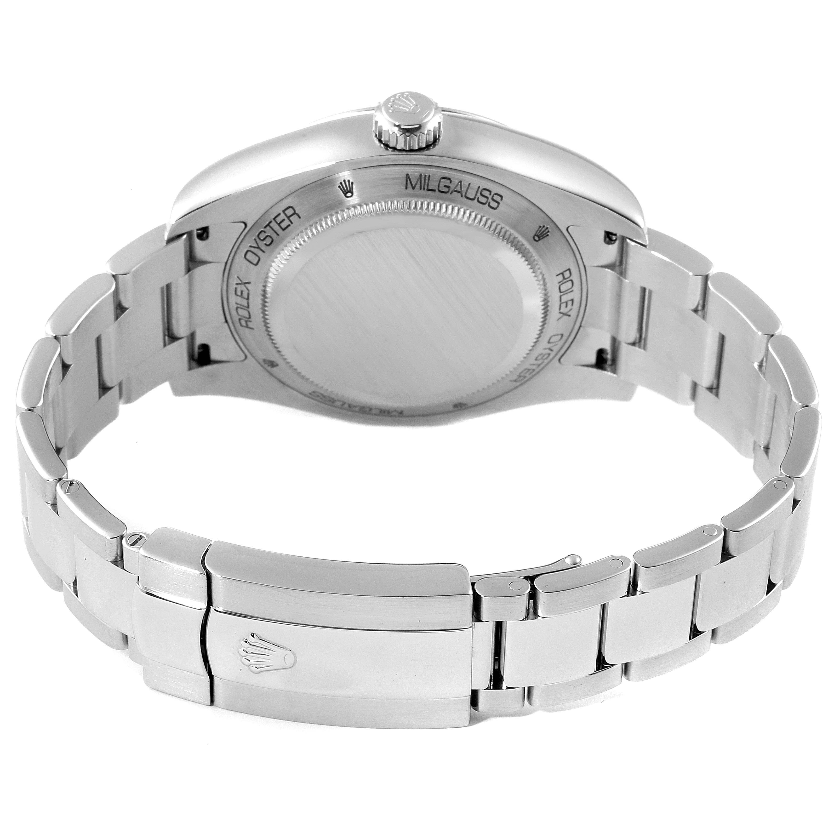 The image shows the back view of a Rolex Milgauss 116400GV Men
s Stainless Steel Black Dial 116400GV Men
s Stainless Steel Black Dial watch, highlighting the case back and metal bracelet.