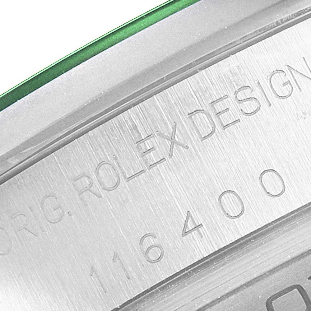 This image shows a close-up of the engraved bezel with "Rolex" and a partial model number on the Rolex Milgauss 116400GV Men
s Stainless Steel Black Dial 116400GV Men
s Stainless Steel Black Dial watch.