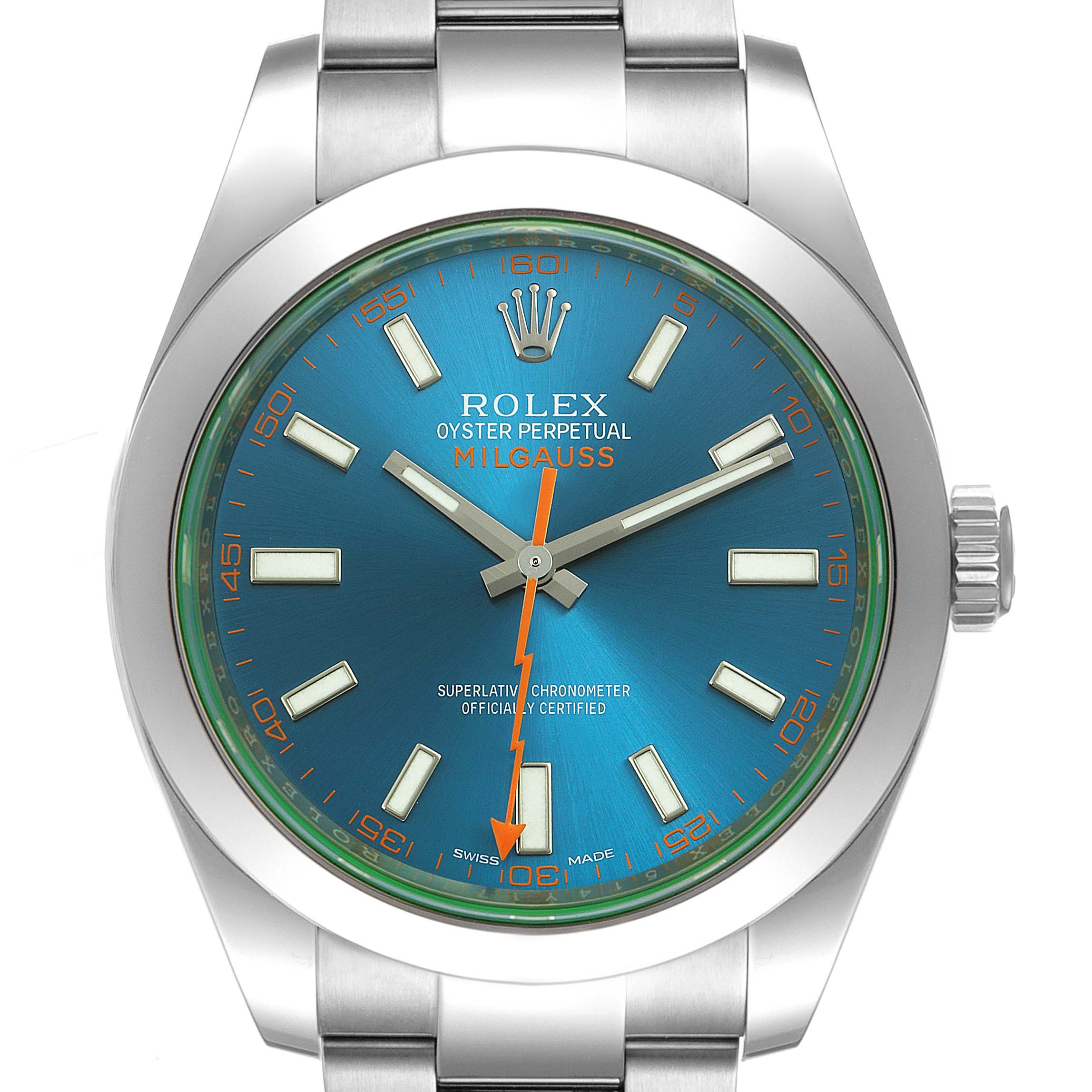 The image shows a front view of the Rolex Milgauss 116400GV Men's Stainless Steel Blue Dial 116400GV Men's Stainless Steel Blue Dial watch, displaying its blue dial, orange lightning bolt second hand, and stainless steel casing and bracelet.