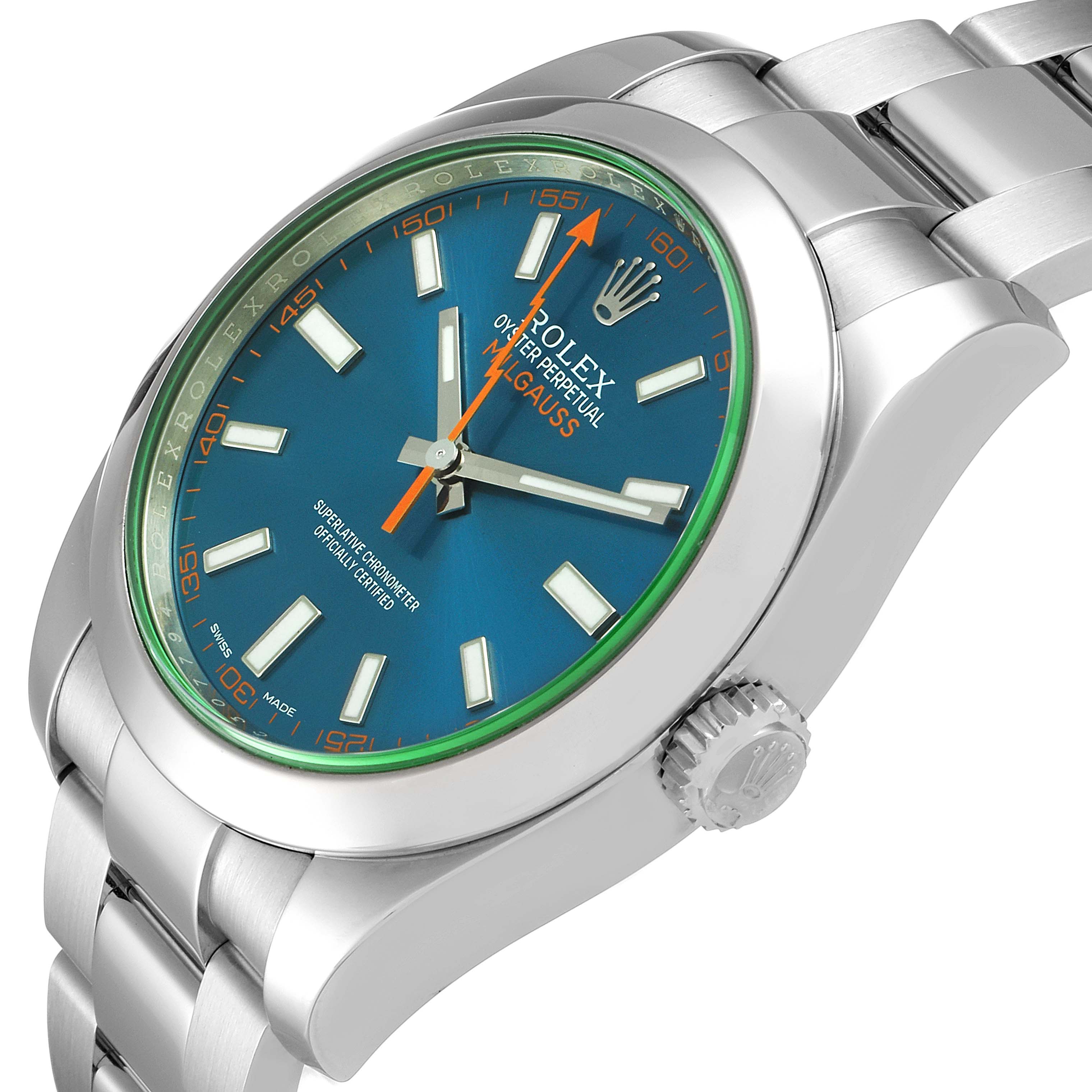 The image shows a side angle of the Rolex Milgauss 116400GV Men's Stainless Steel Blue Dial 116400GV Men's Stainless Steel Blue Dial watch, highlighting its blue dial, case, crown, and part of the bracelet.
