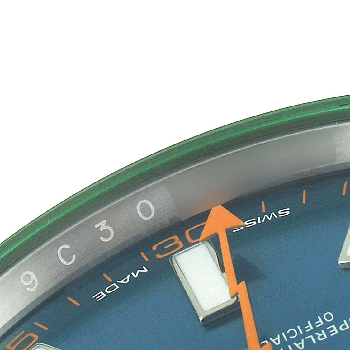 The image shows a close-up of the dial and part of the bezel of a Rolex Milgauss 116400GV Men's Stainless Steel Blue Dial 116400GV Men's Stainless Steel Blue Dial watch, featuring the "30" minute marking and an orange second hand.