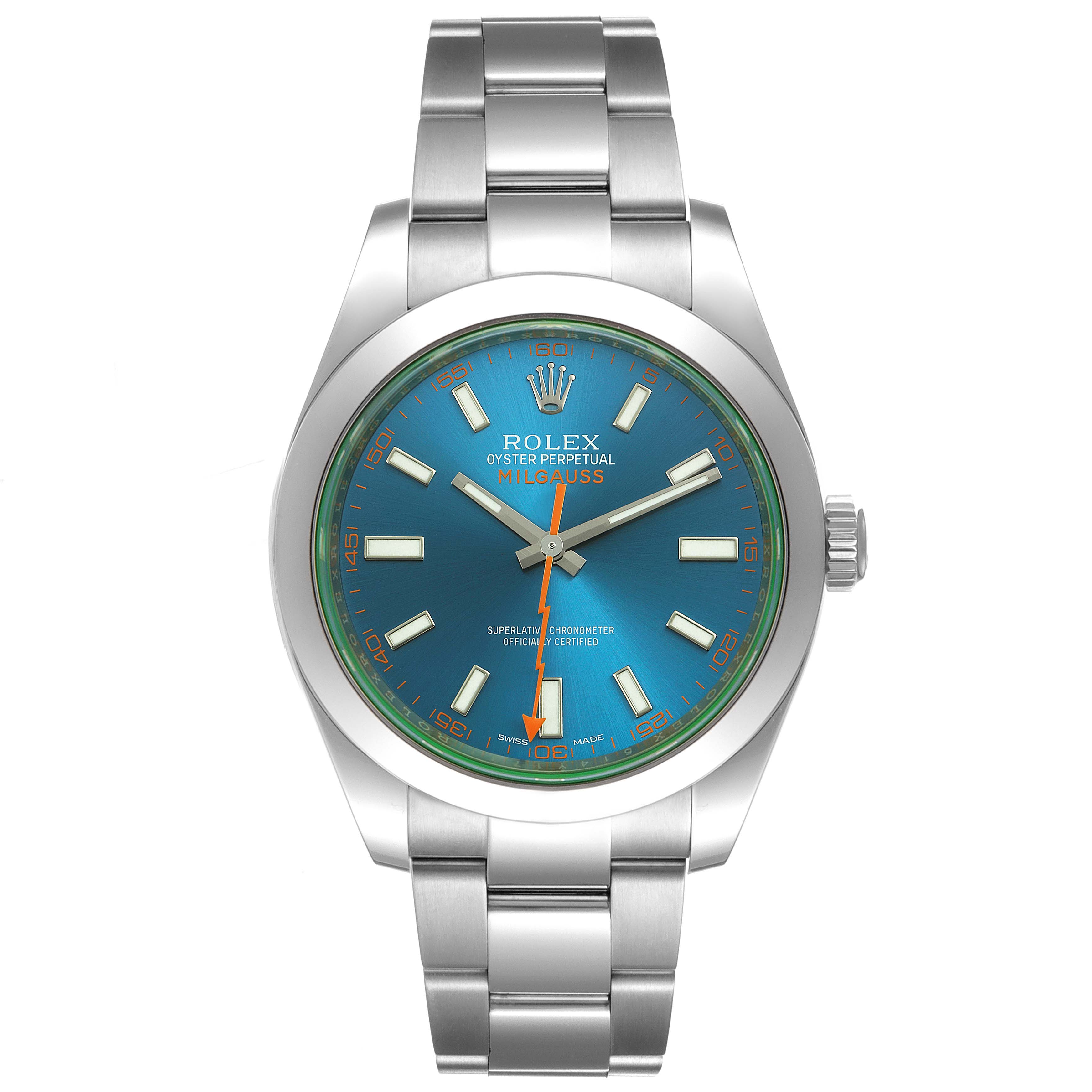 The Rolex Milgauss 116400GV Men's Stainless Steel Blue Dial 116400GV Men's Stainless Steel Blue Dial watch is shown from a frontal angle, displaying its face, bezel, hands, and bracelet.