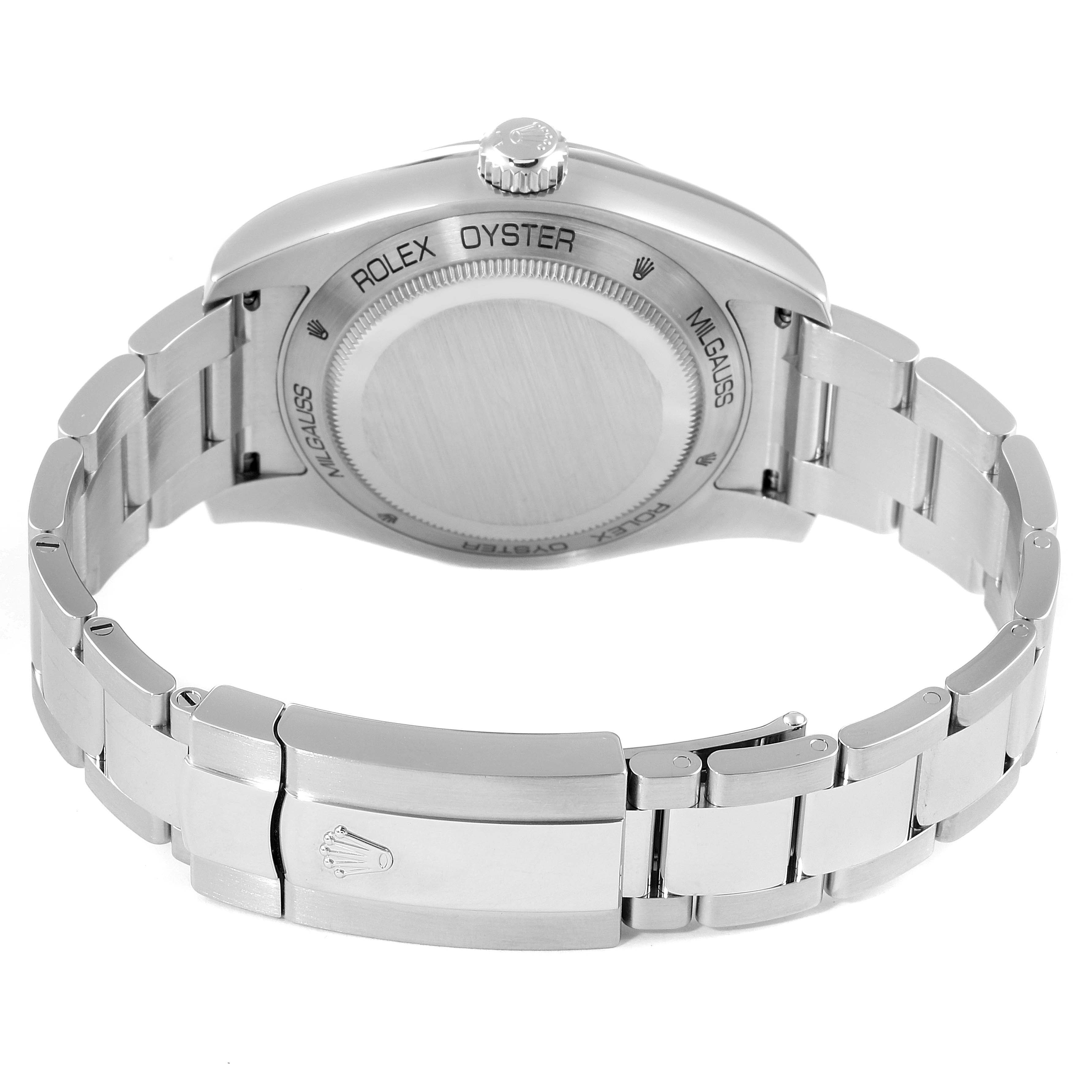 The image shows the back and bracelet of a Rolex Milgauss 116400GV Men's Stainless Steel Blue Dial 116400GV Men's Stainless Steel Blue Dial watch from a rear angle.