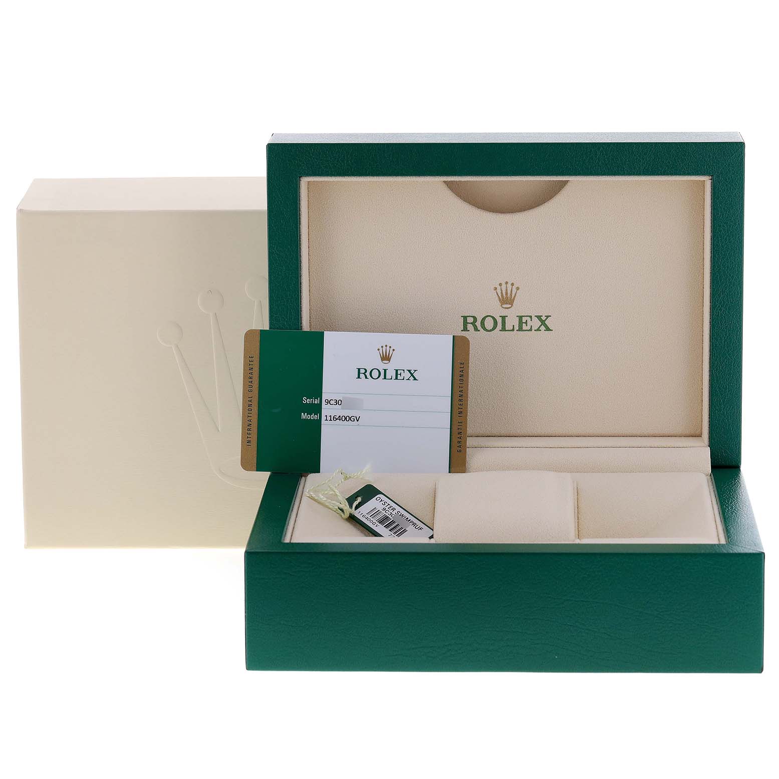 The image shows the protective box and accessories for a Rolex Milgauss 116400GV Men's Stainless Steel Blue Dial 116400GV Men's Stainless Steel Blue Dial model, including the warranty card and tag.