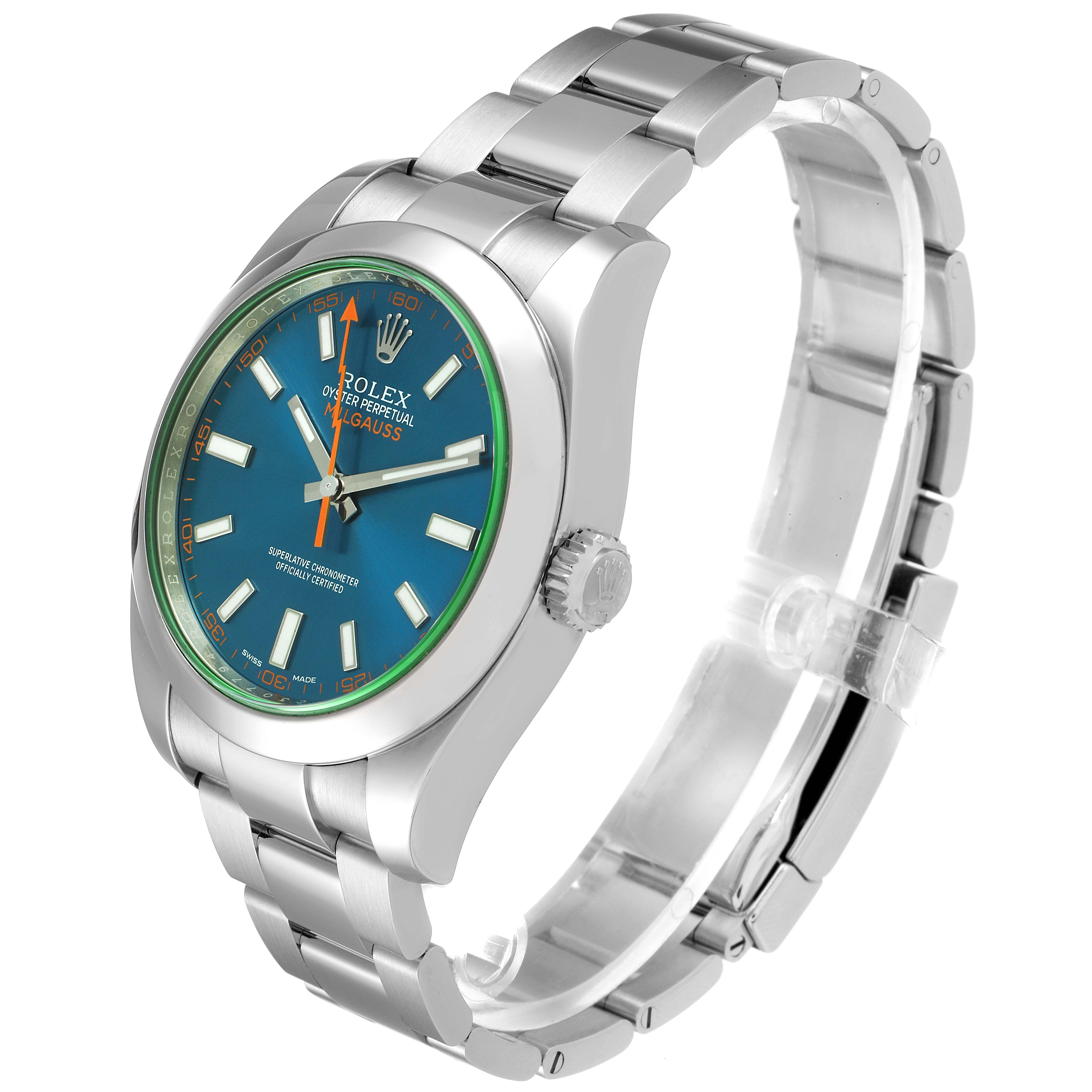 The Rolex Milgauss 116400GV Men's Stainless Steel Blue Dial 116400GV Men's Stainless Steel Blue Dial watch is displayed at an angled side view, showing the face, case, crown, and partially open bracelet.