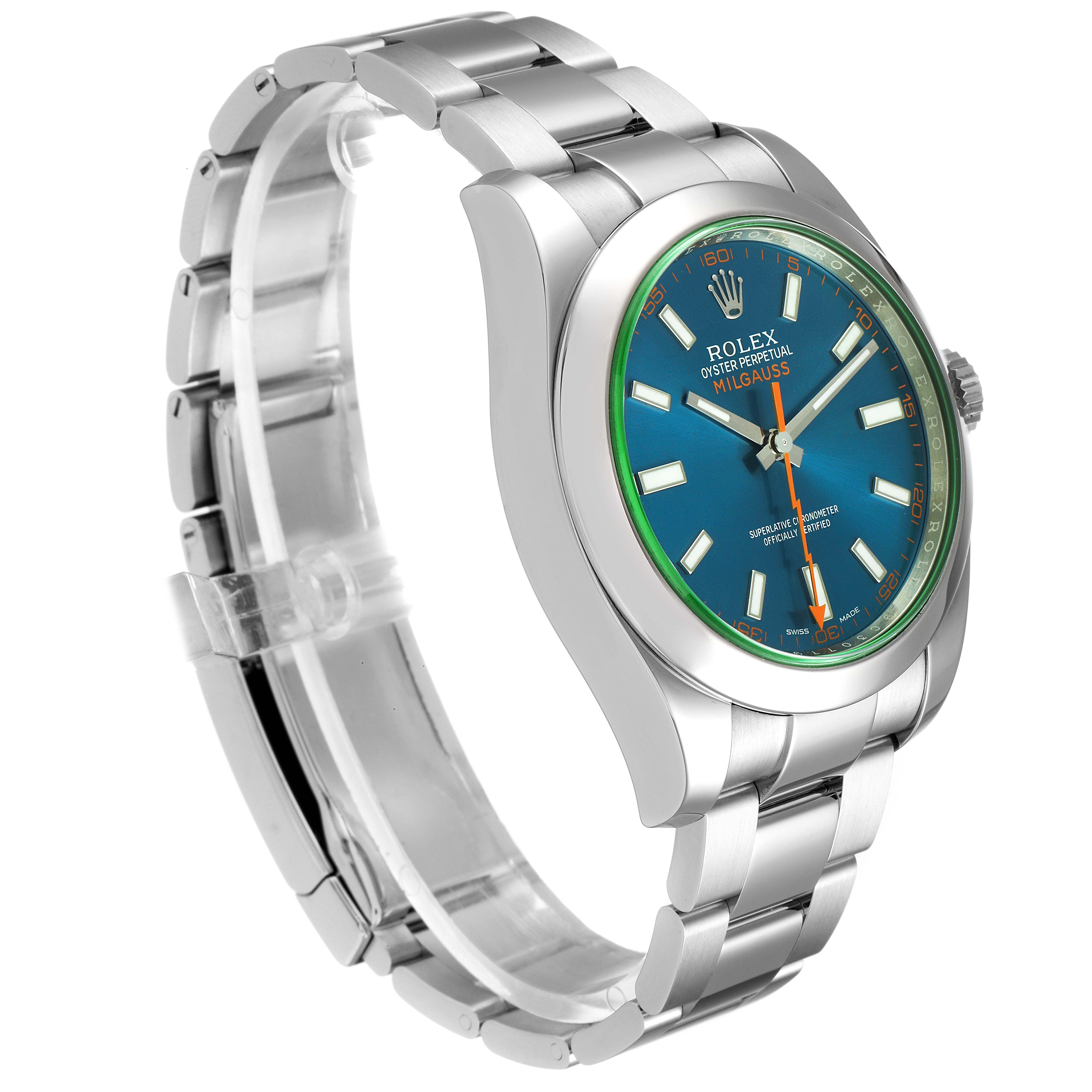 The image shows a Rolex Milgauss 116400GV Men's Stainless Steel Blue Dial 116400GV Men's Stainless Steel Blue Dial watch at a three-quarter angle, displaying the bracelet, lugs, dial, and crown.