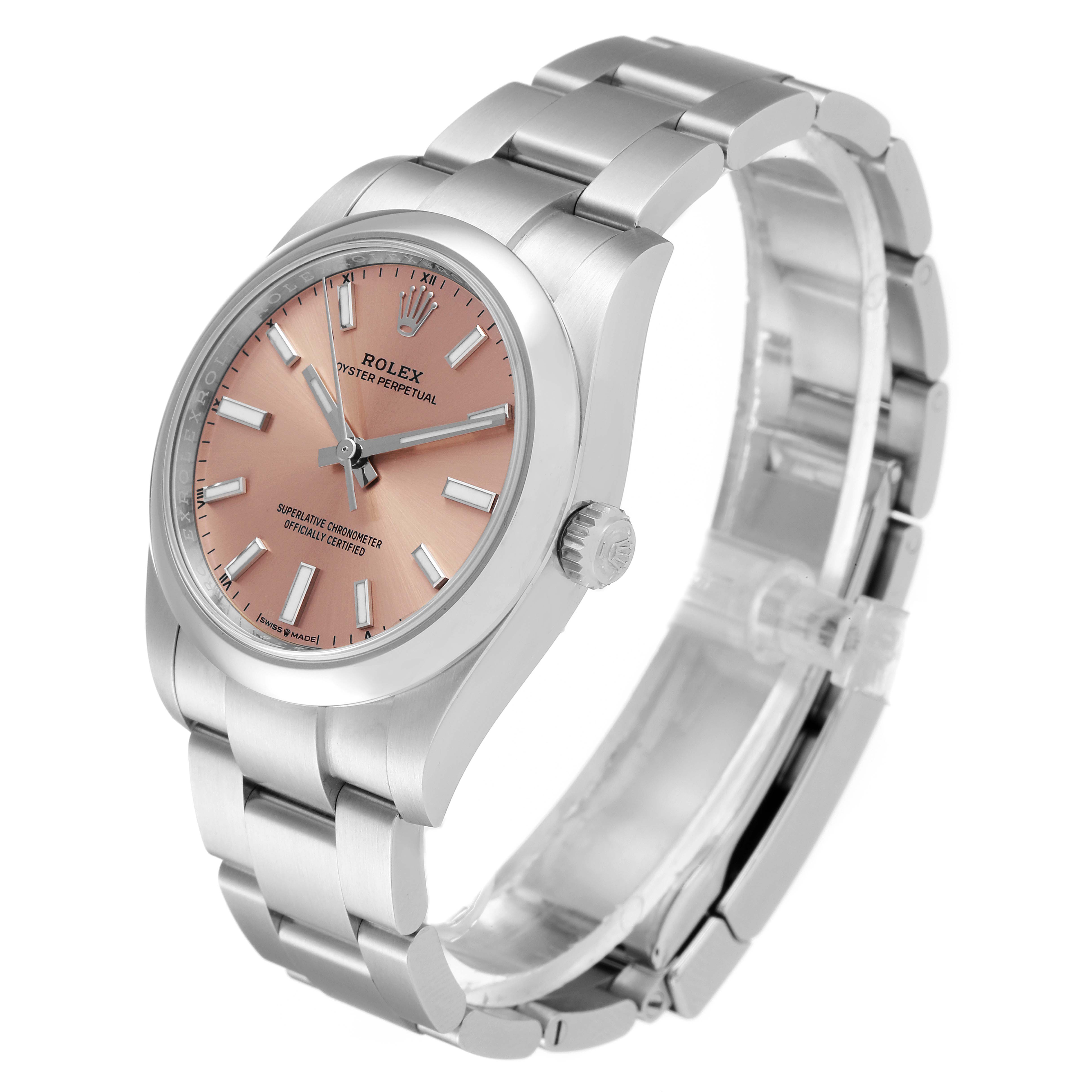 The image shows a Rolex Oyster Perpetual 124200 Men
s Stainless Steel Pink Dial 124200 Men
s Stainless Steel Pink Dial model watch at a three-quarter angle, displaying the face, bezel, and bracelet.