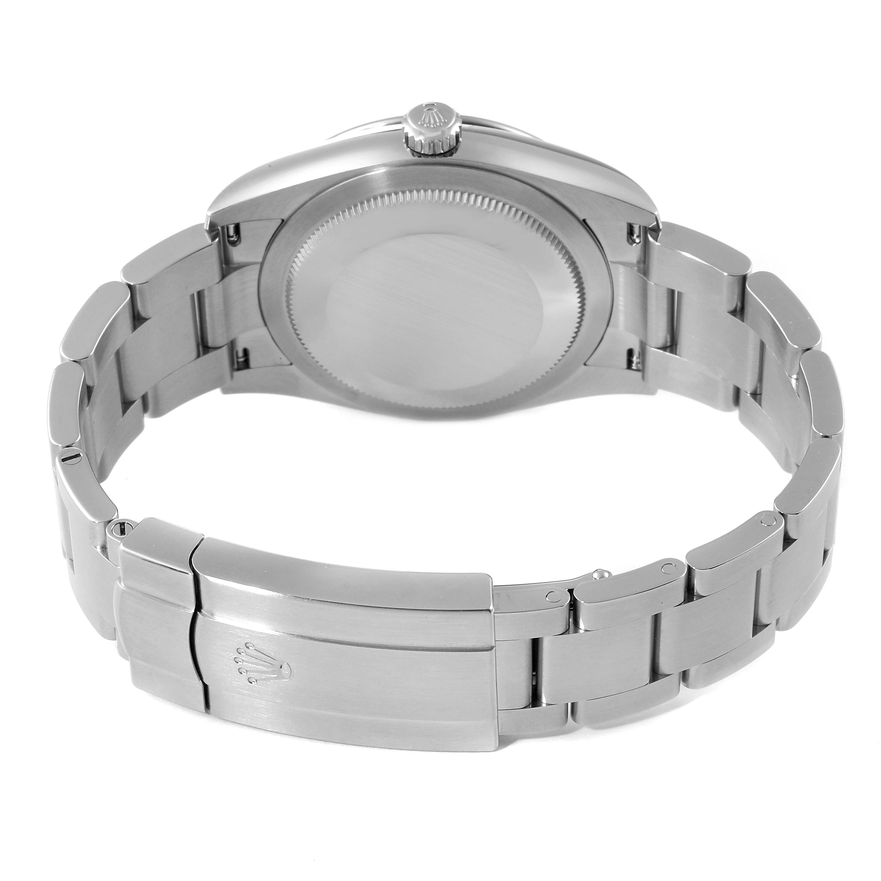 The image shows the back view of the Rolex Oyster Perpetual 124200 Men
s Stainless Steel Pink Dial 124200 Men
s Stainless Steel Pink Dial watch, focusing on the case back and bracelet clasp.