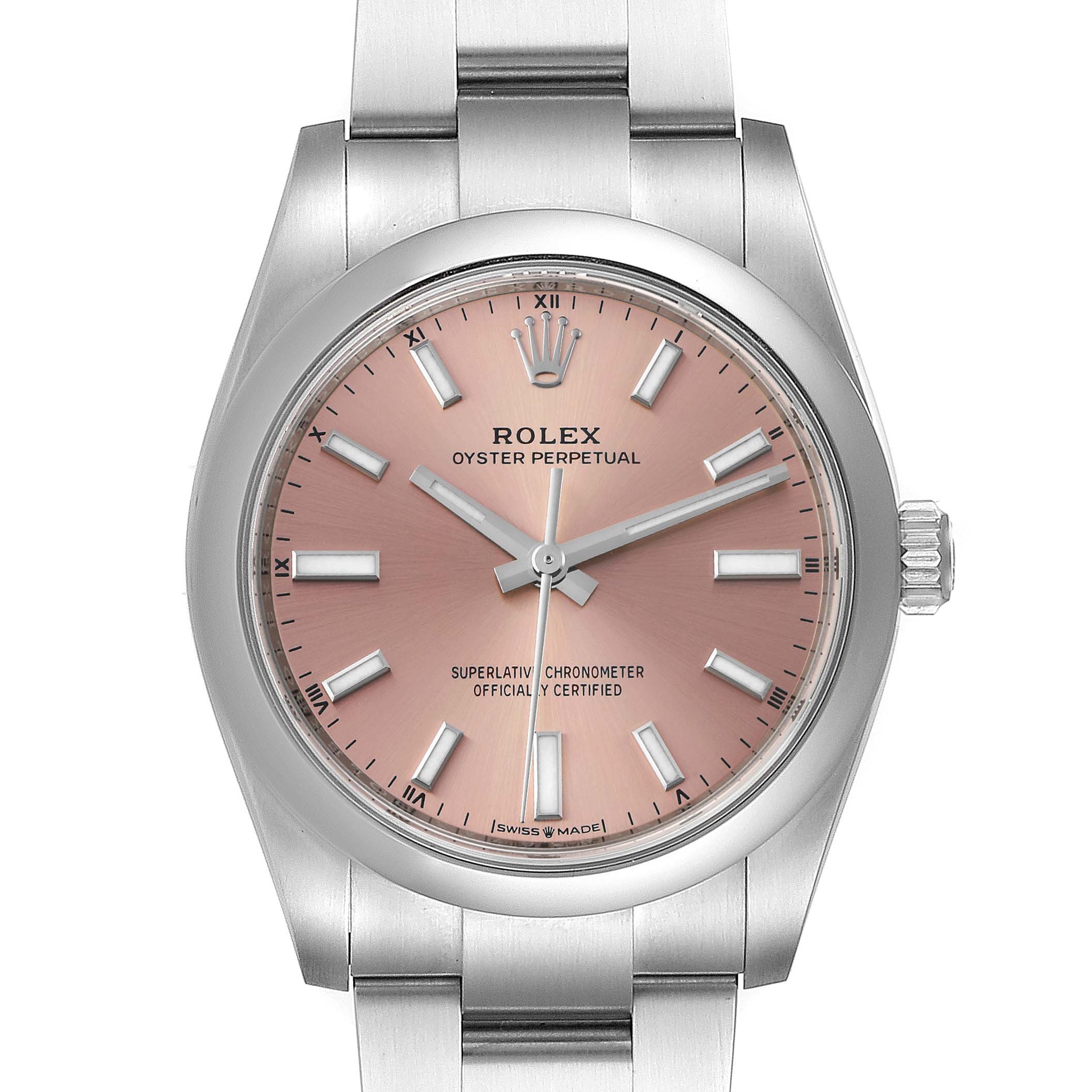 This is a front view of a Rolex Oyster Perpetual 124200 Men
s Stainless Steel Pink Dial 124200 Men
s Stainless Steel Pink Dial watch showing the dial, hands, and part of the bracelet.
