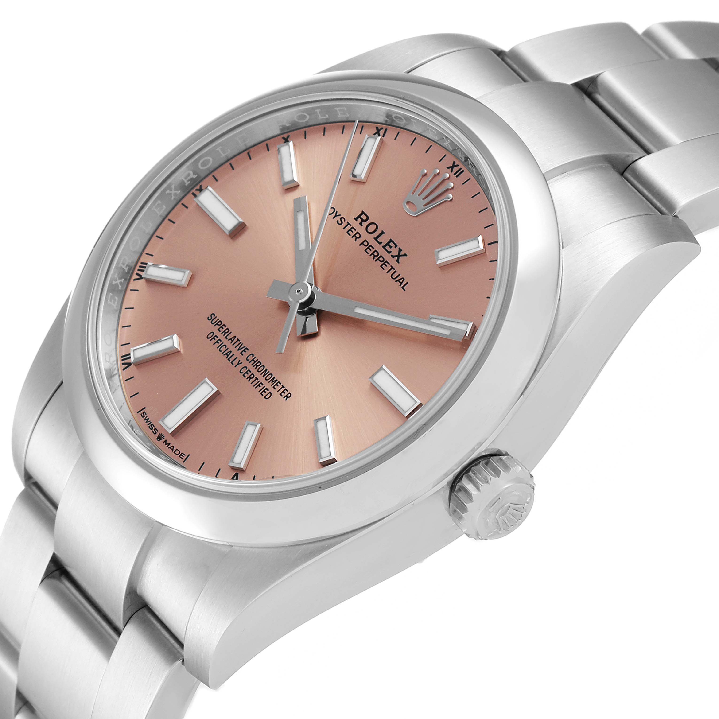 This Rolex Oyster Perpetual 124200 Men
s Stainless Steel Pink Dial 124200 Men
s Stainless Steel Pink Dial watch is shown at a side angle, featuring its rose dial, crown, and stainless steel bracelet.