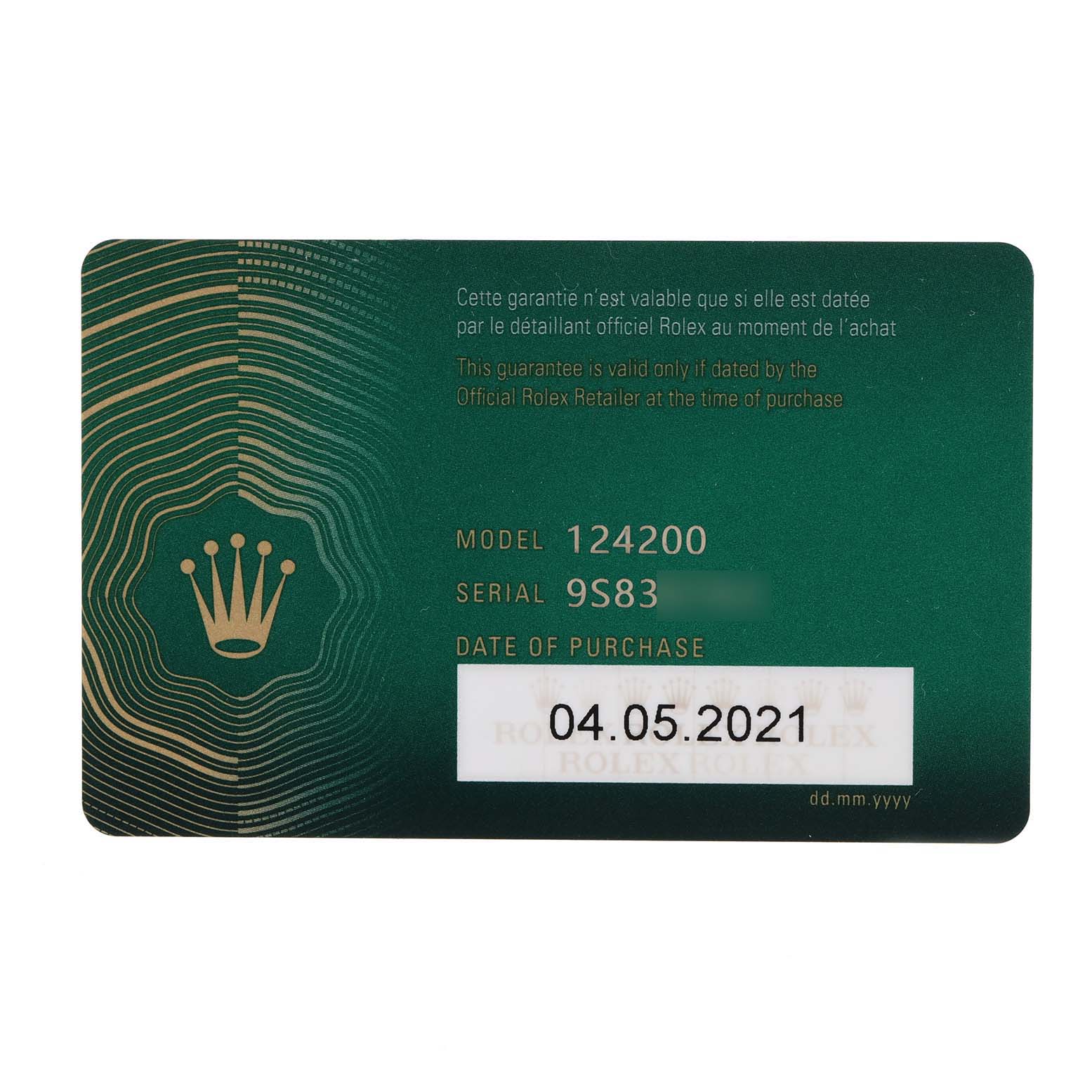 This image shows a guarantee card for the Rolex Oyster Perpetual 124200 Men
s Stainless Steel Pink Dial 124200 Men
s Stainless Steel Pink Dial model 124200.