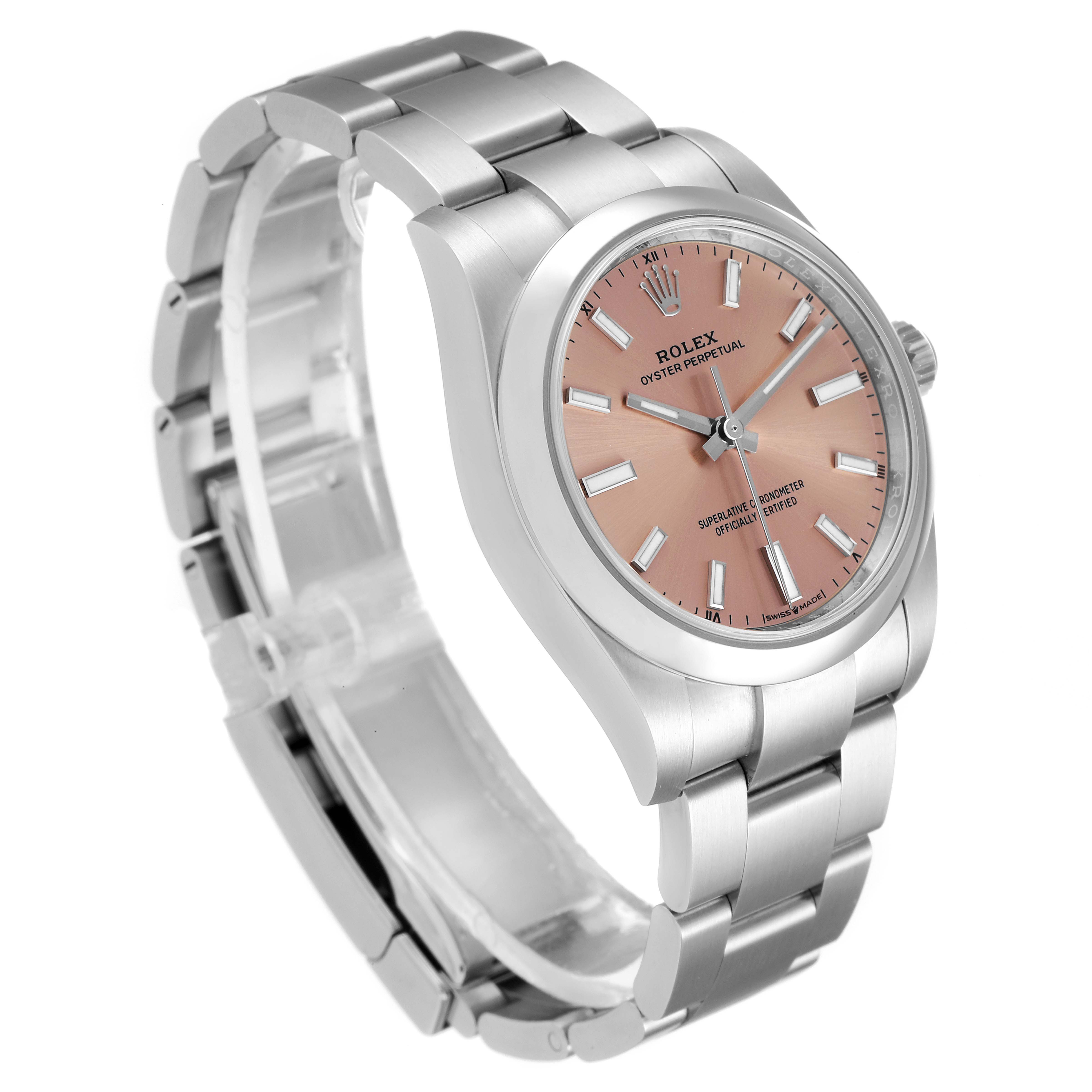 The image shows a Rolex Oyster Perpetual 124200 Men
s Stainless Steel Pink Dial 124200 Men
s Stainless Steel Pink Dial watch angled to display the left side, dial, and bracelet.