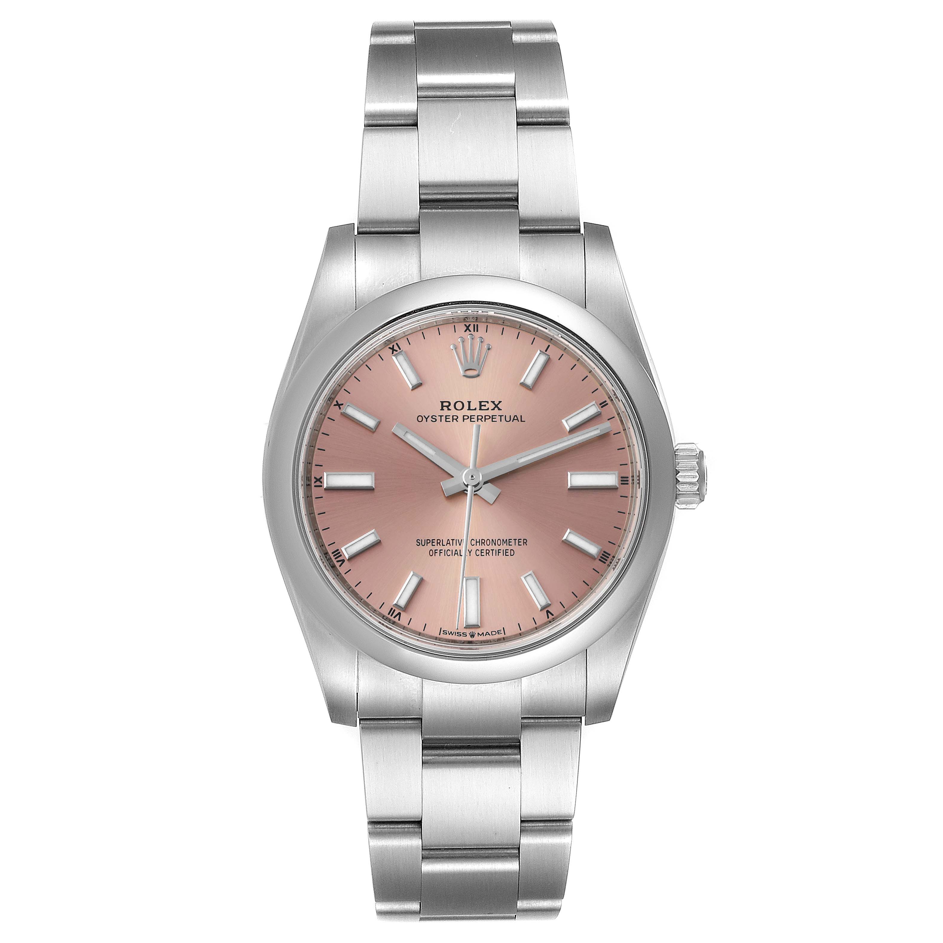 This is a front view of a Rolex Oyster Perpetual 124200 Men
s Stainless Steel Pink Dial 124200 Men
s Stainless Steel Pink Dial watch with a pink dial and stainless steel bracelet.