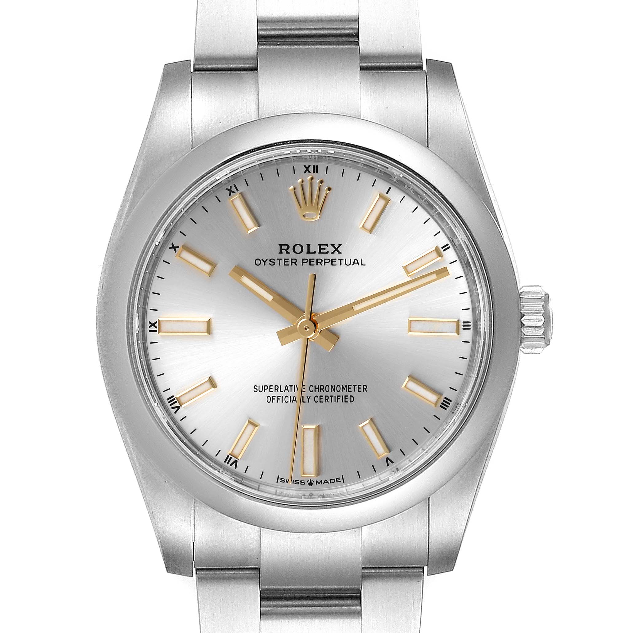 The Rolex Oyster Perpetual 124200 Men's Stainless Steel Silver Dial 124200 Men's Stainless Steel Silver Dial watch is shown from a front-facing angle, displaying its dial, hands, bezel, and part of the bracelet.