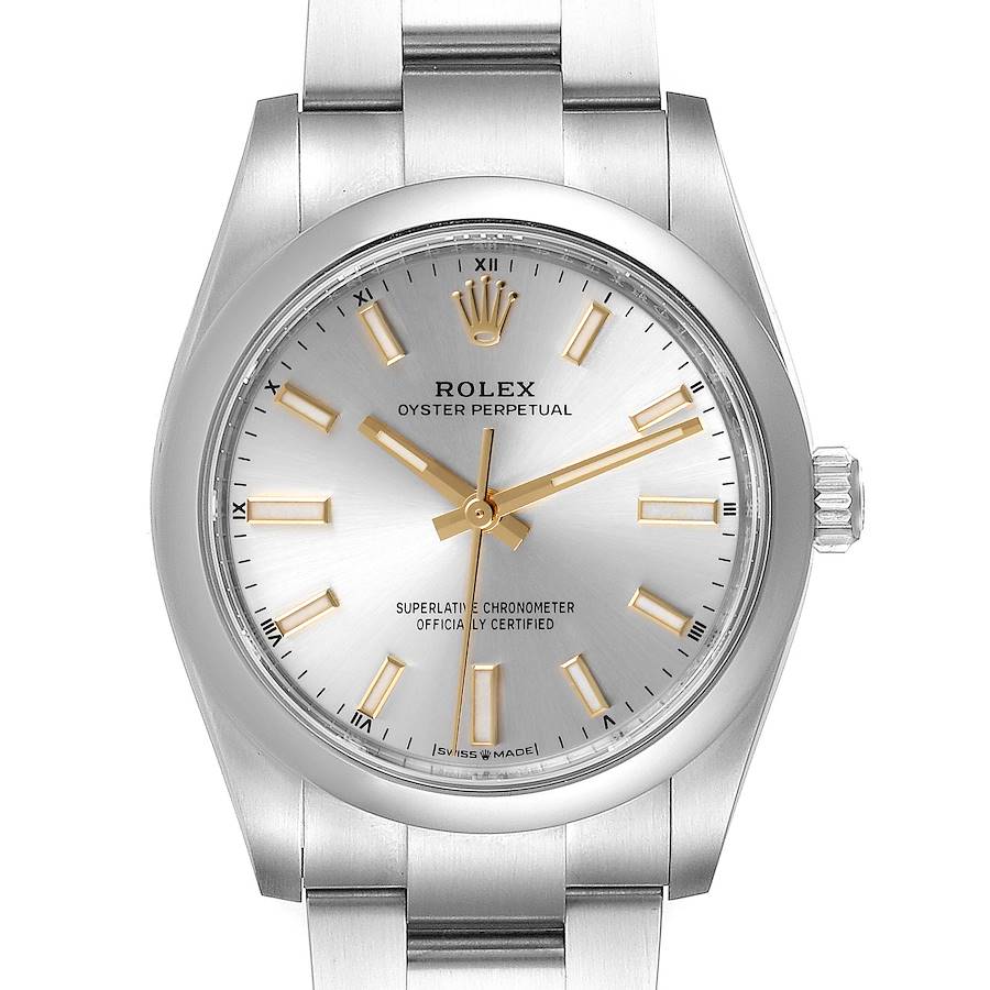 Rolex Oyster Perpetual 34mm Silver Dial Steel Mens Watch 124200 Box Card SwissWatchExpo