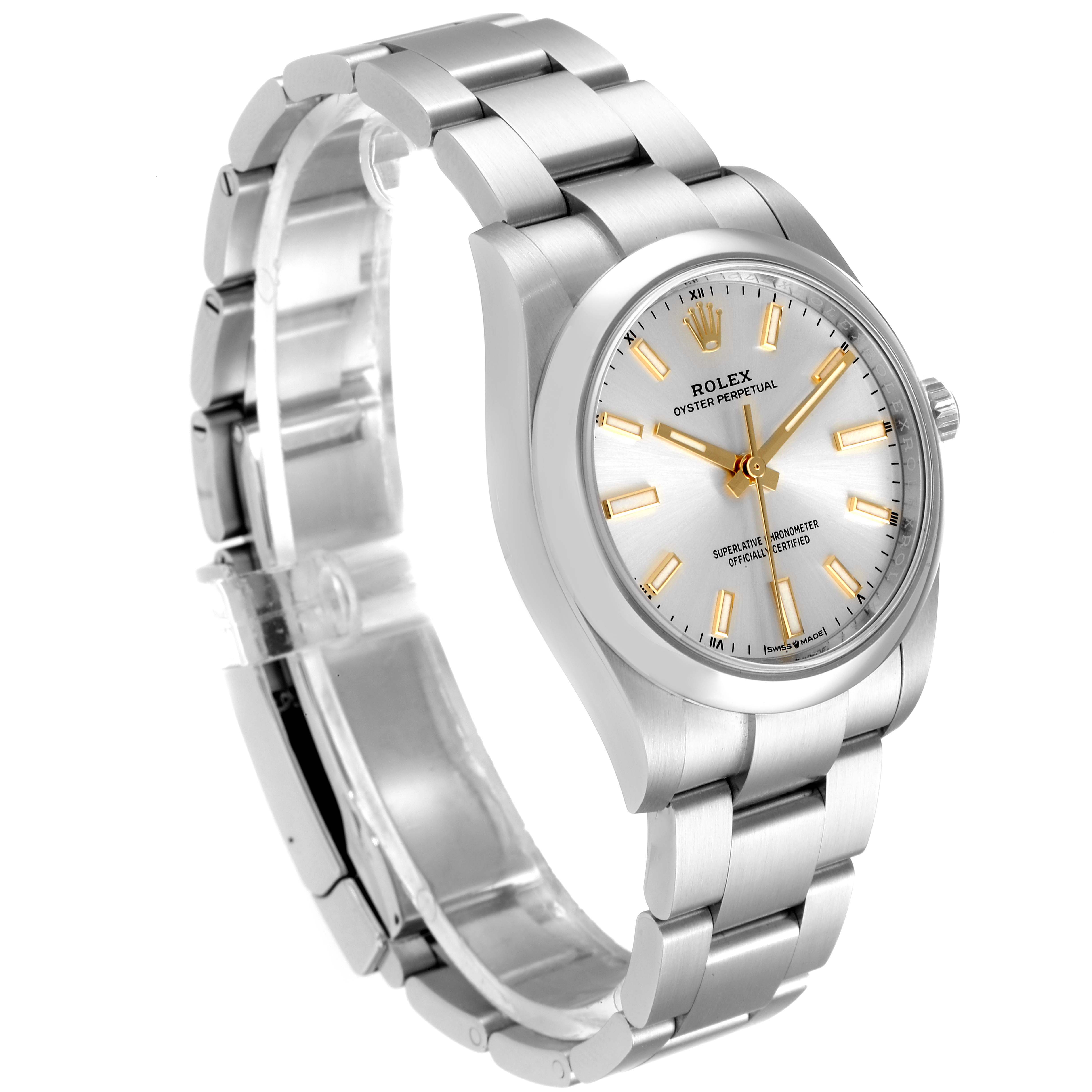 The image shows a Rolex Oyster Perpetual 124200 Men's Stainless Steel Silver Dial 124200 Men's Stainless Steel Silver Dial watch from a three-quarter angle, highlighting its silver bracelet, case, and dial with gold accents.