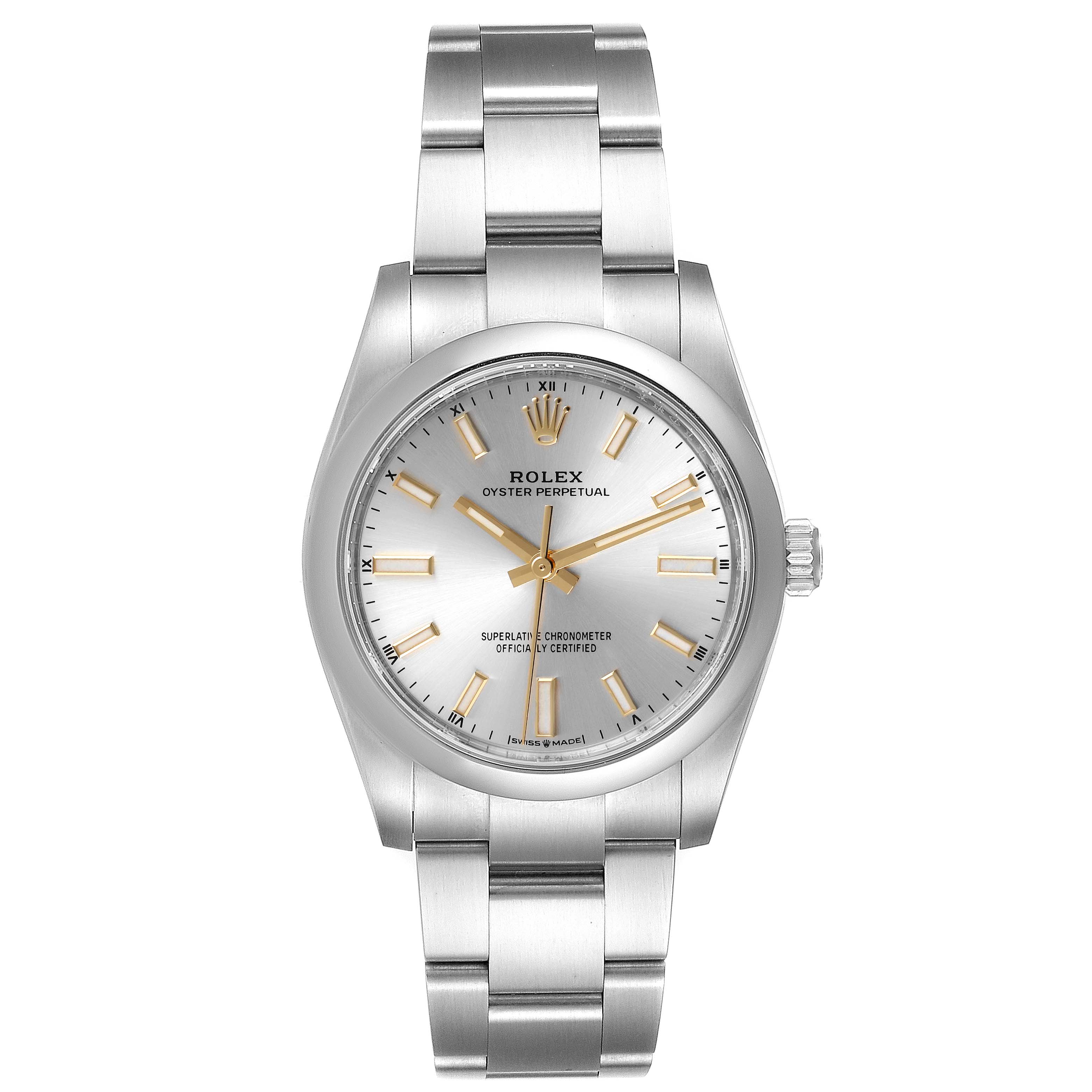 This image shows a front view of a Rolex Oyster Perpetual 124200 Men's Stainless Steel Silver Dial 124200 Men's Stainless Steel Silver Dial watch, highlighting its dial, hands, bezel, and bracelet.