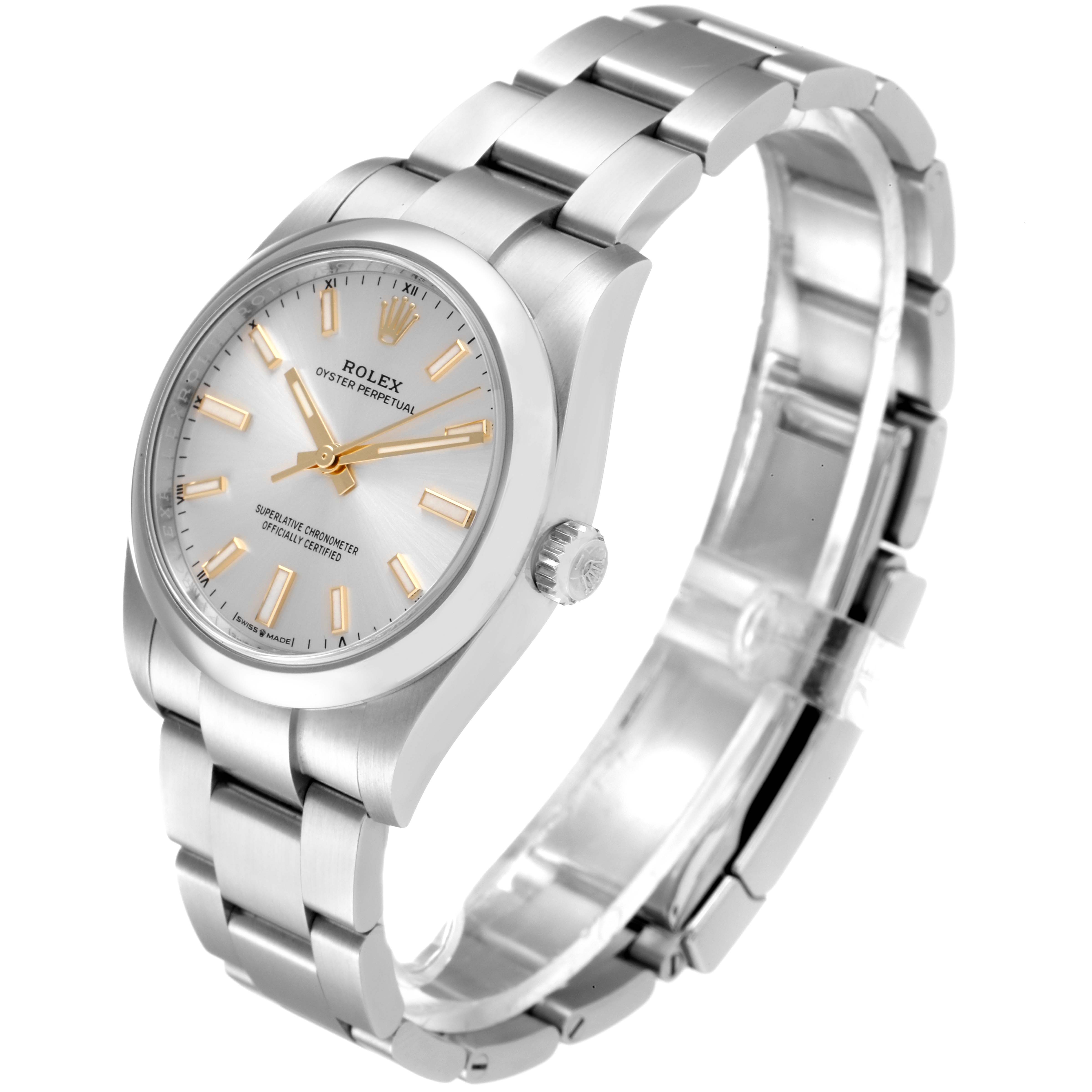 The image showcases a Rolex Oyster Perpetual 124200 Men's Stainless Steel Silver Dial 124200 Men's Stainless Steel Silver Dial watch from an angled side view, displaying the dial, bezel, bracelet, and crown.