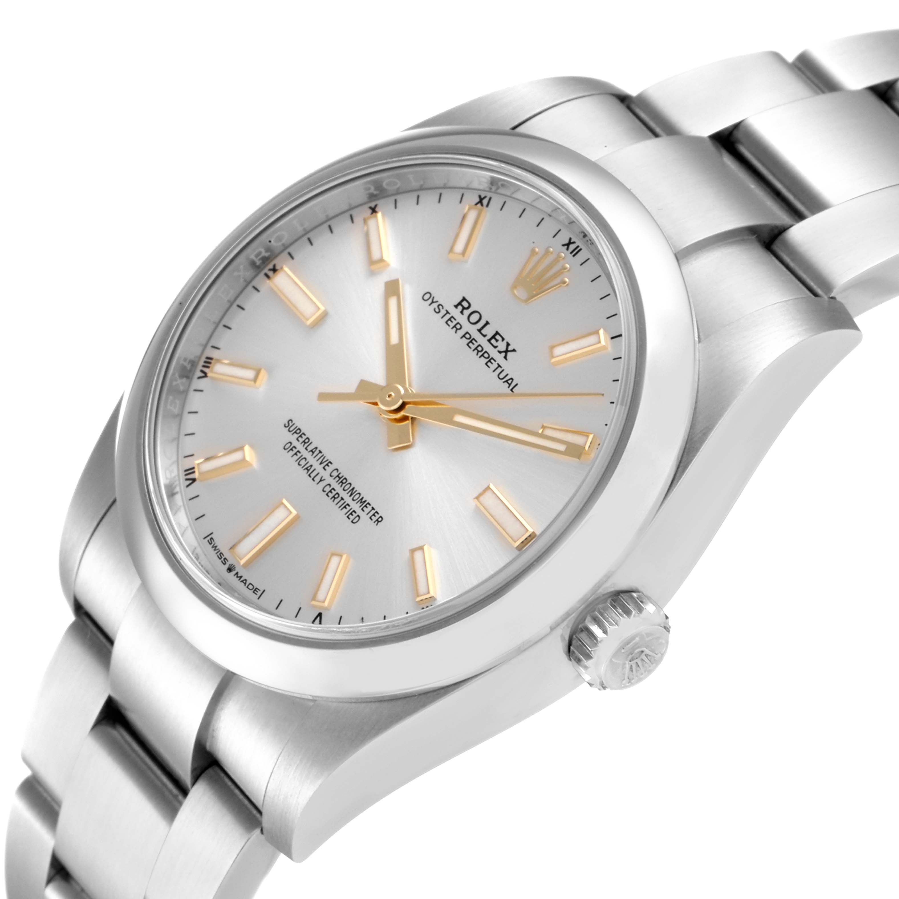The image shows a Rolex Oyster Perpetual 124200 Men's Stainless Steel Silver Dial 124200 Men's Stainless Steel Silver Dial watch at a slight angle, displaying the dial, crown, and bracelet.