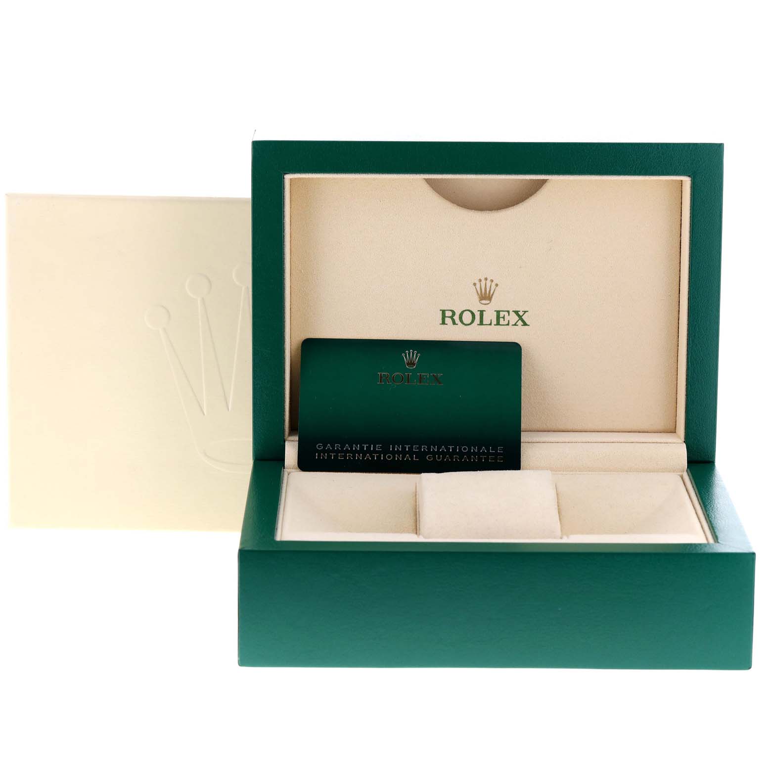 The image shows the open box and guarantee card for a Rolex Oyster Perpetual 124200 Men's Stainless Steel Silver Dial 124200 Men's Stainless Steel Silver Dial watch.