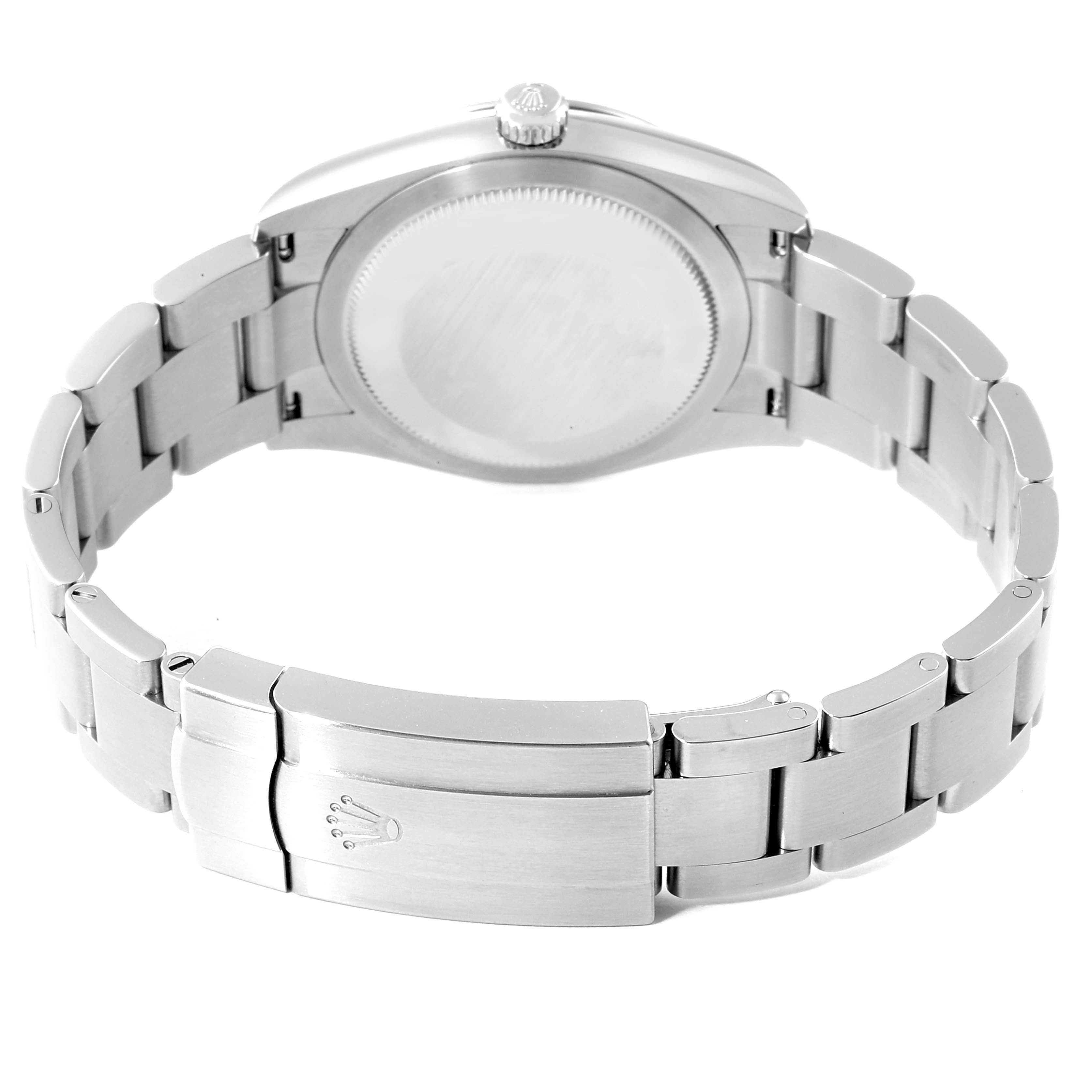 This image shows the back view of a Rolex Oyster Perpetual 124200 Men's Stainless Steel Silver Dial 124200 Men's Stainless Steel Silver Dial watch and its bracelet clasp.
