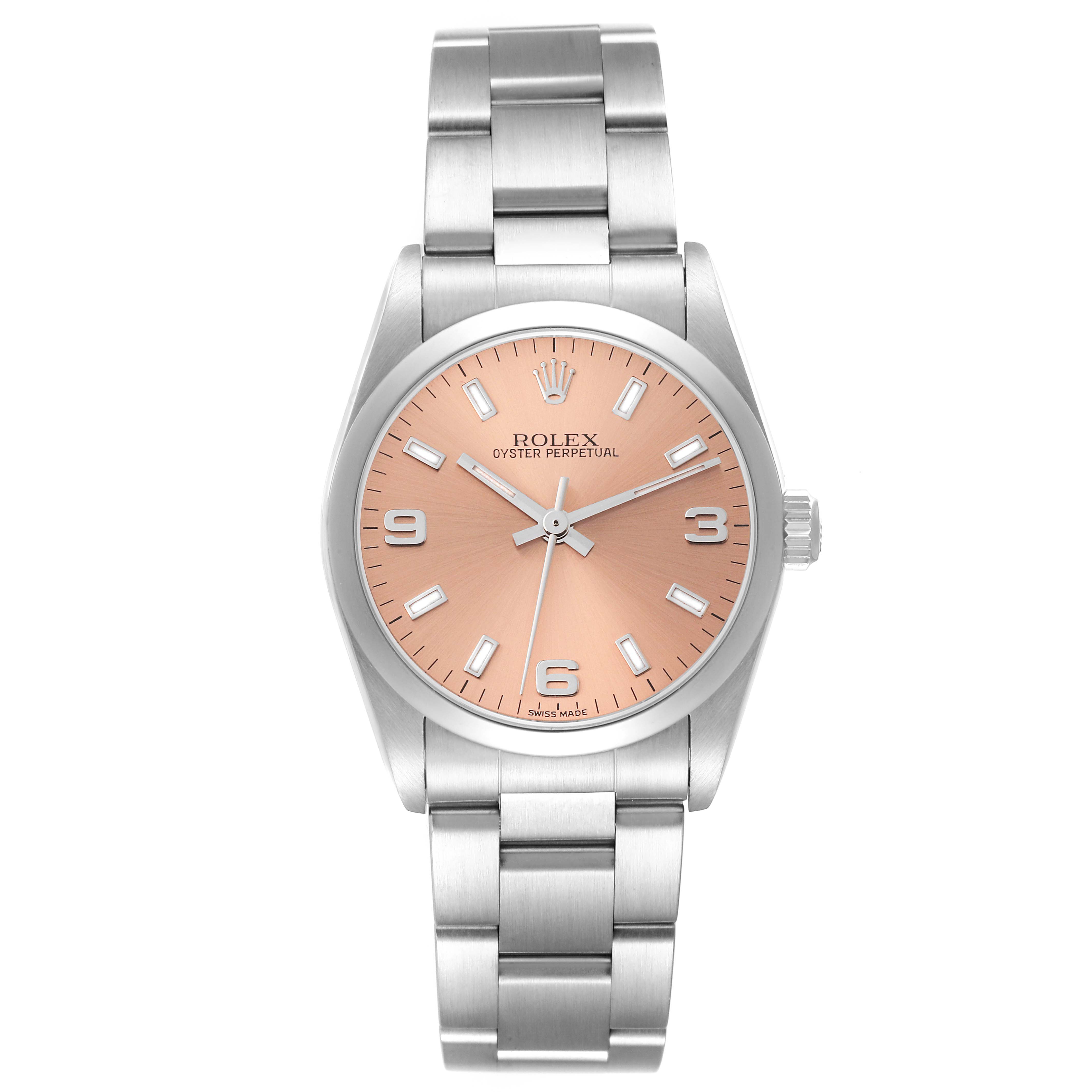 This image shows a front view of a Mid-Size Rolex Oyster Perpetual watch with a pink dial and stainless steel bracelet.